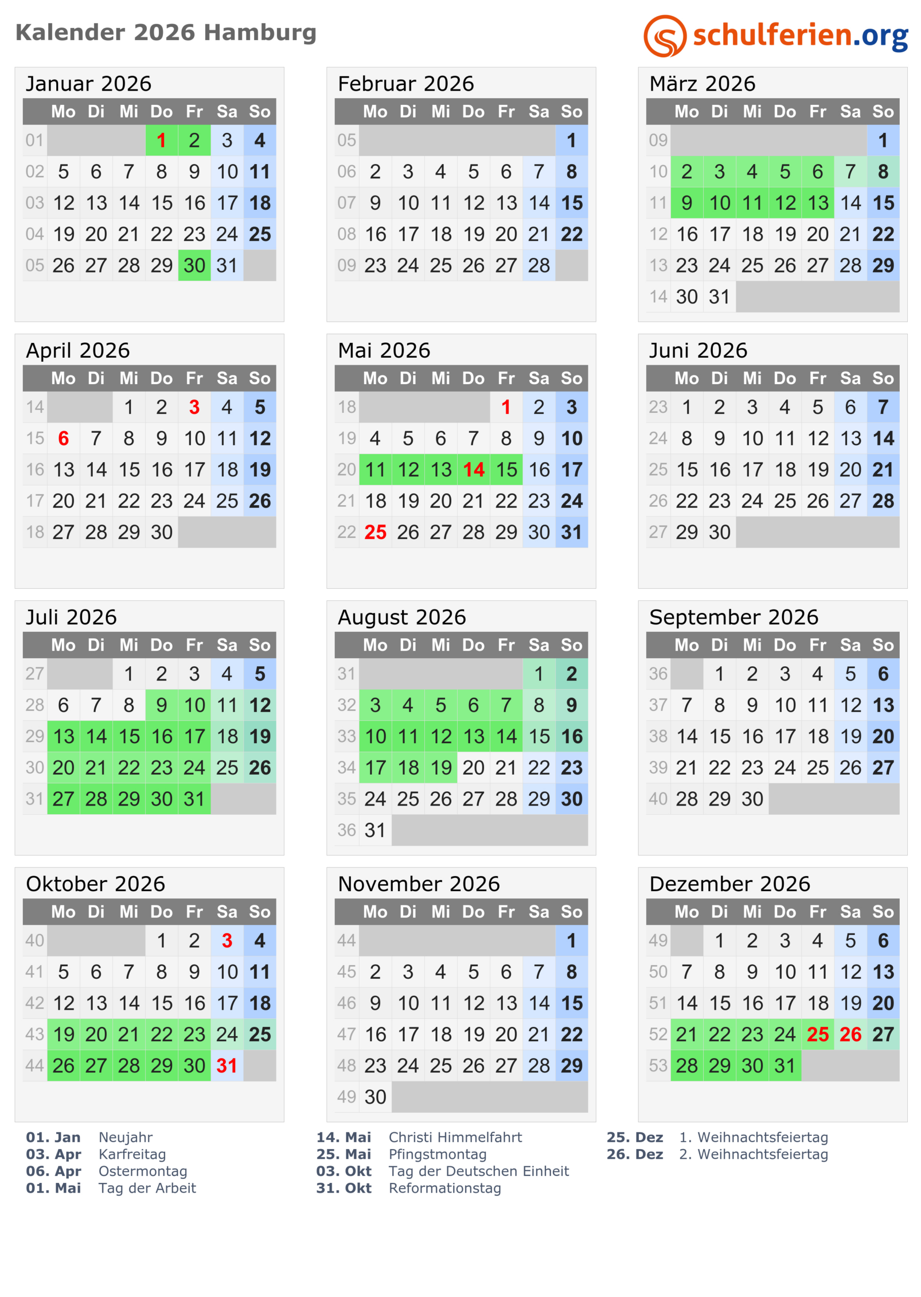 Kalender 2026 + Ferien Hamburg, Feiertage | Sommerferien Hamburg Kalender 2026