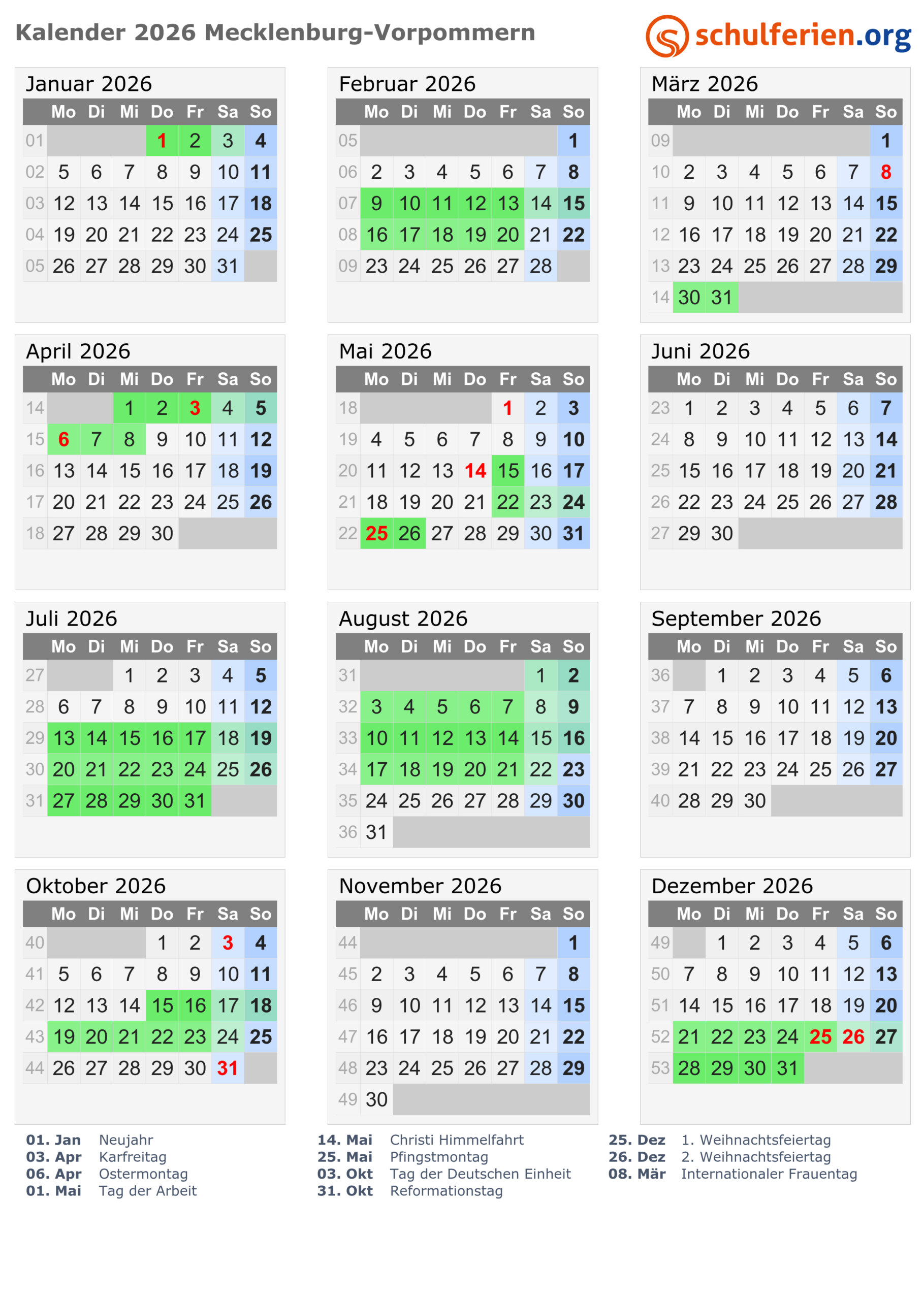 Kalender 2026 + Ferien Mecklenburg-Vorpommern, Feiertage | Kalender Mecklenburg-Vorpommern 2026