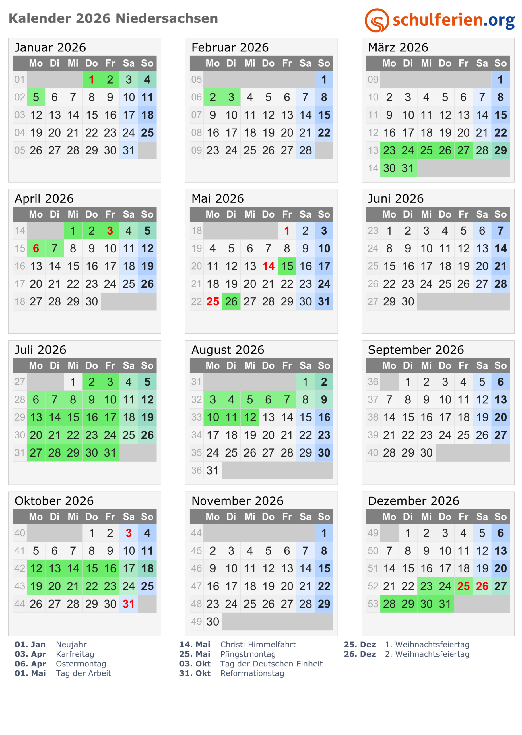 Kalender 2026 + Ferien Niedersachsen, Feiertage | Kalender 2026 Mit Feiertagen Niedersachsen
