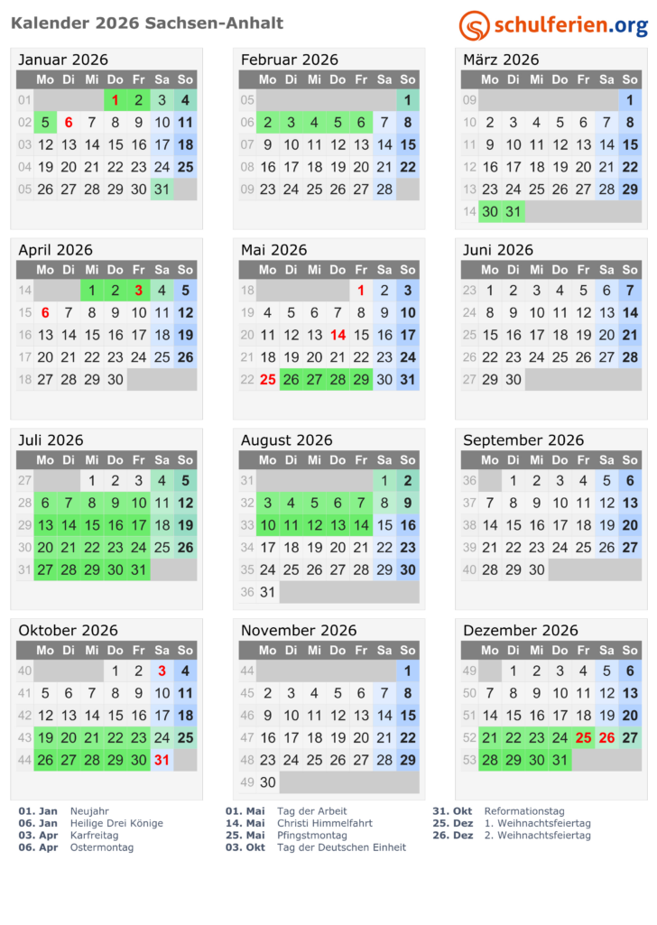 Kalender Sachsen-Anhalt 2026 zum Ausdrucken