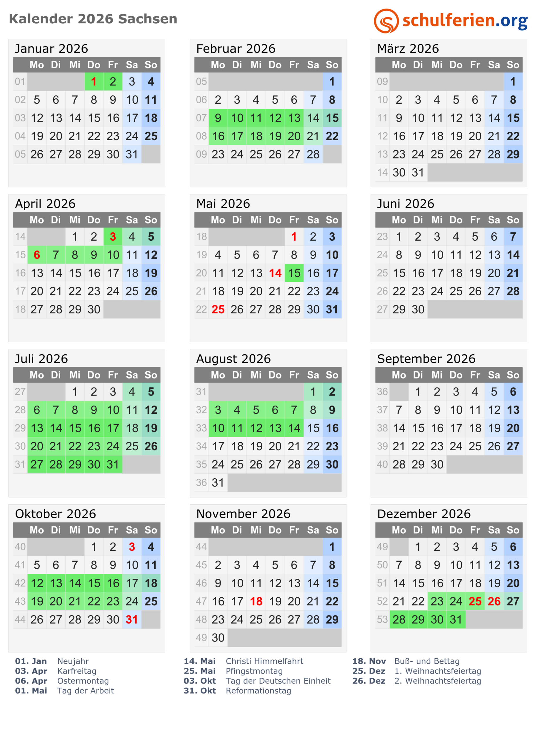 Kalender 2026 + Ferien Sachsen, Feiertage | Ferien Sachsen Kalender 2026