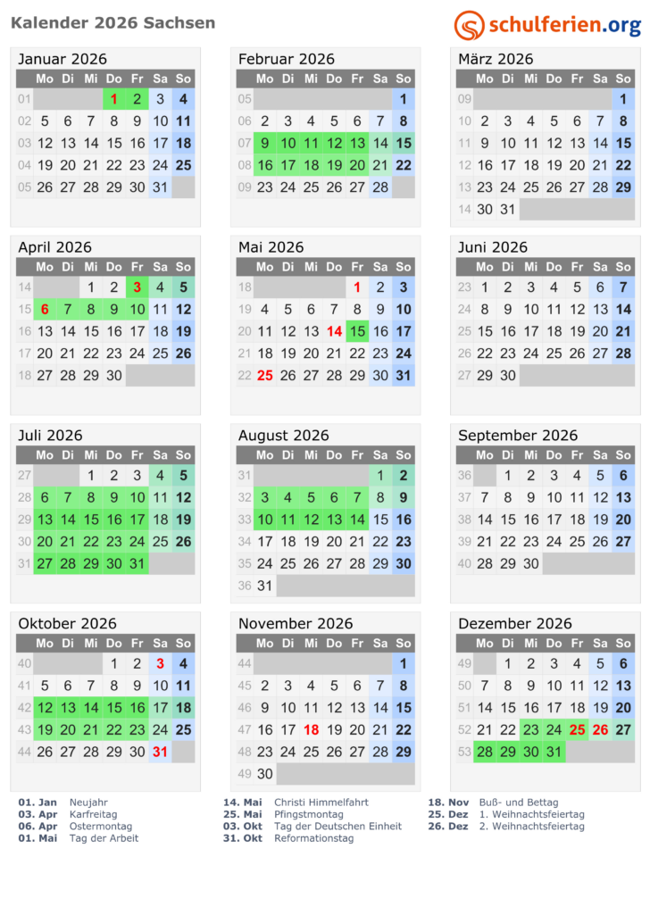 Kalender 2026 Sachsen mit Ferien zum Ausdrucken
