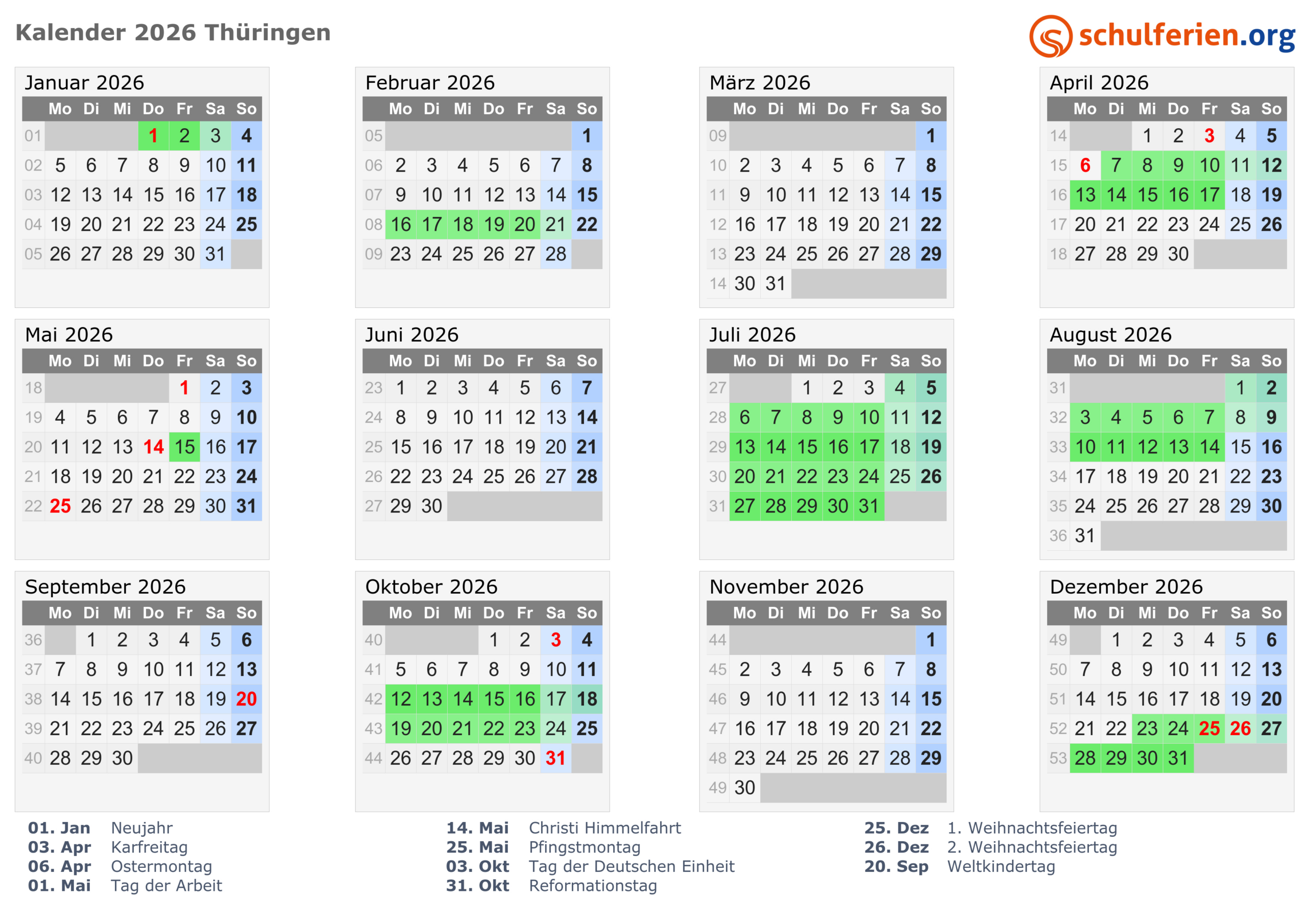 Kalender 2026 + Ferien Thüringen, Feiertage | Kalender 2026 Mit Ferien Thüringen Zum Ausdrucken