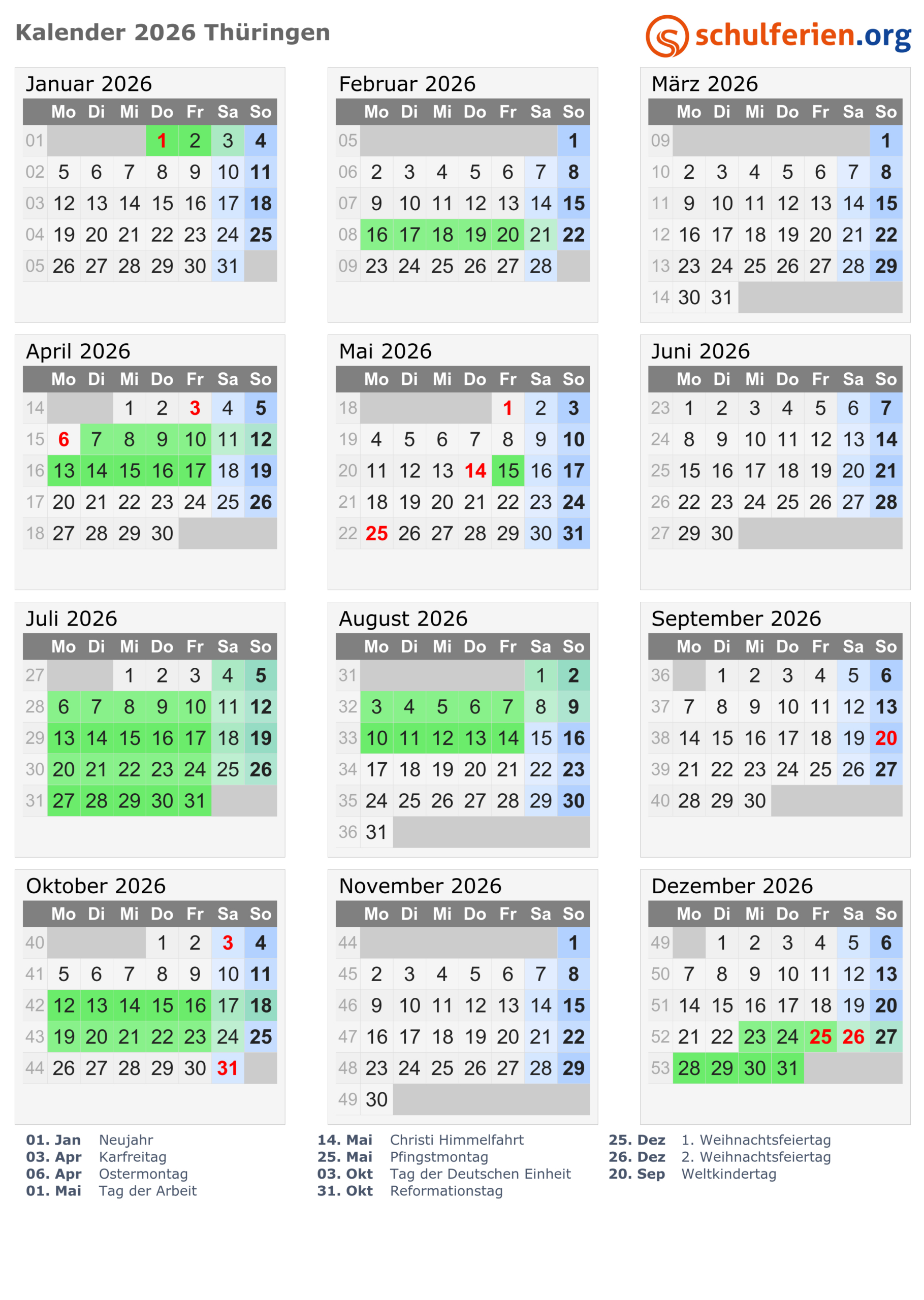 Kalender 2026 + Ferien Thüringen, Feiertage | Kalender Ferien Thüringen 2026