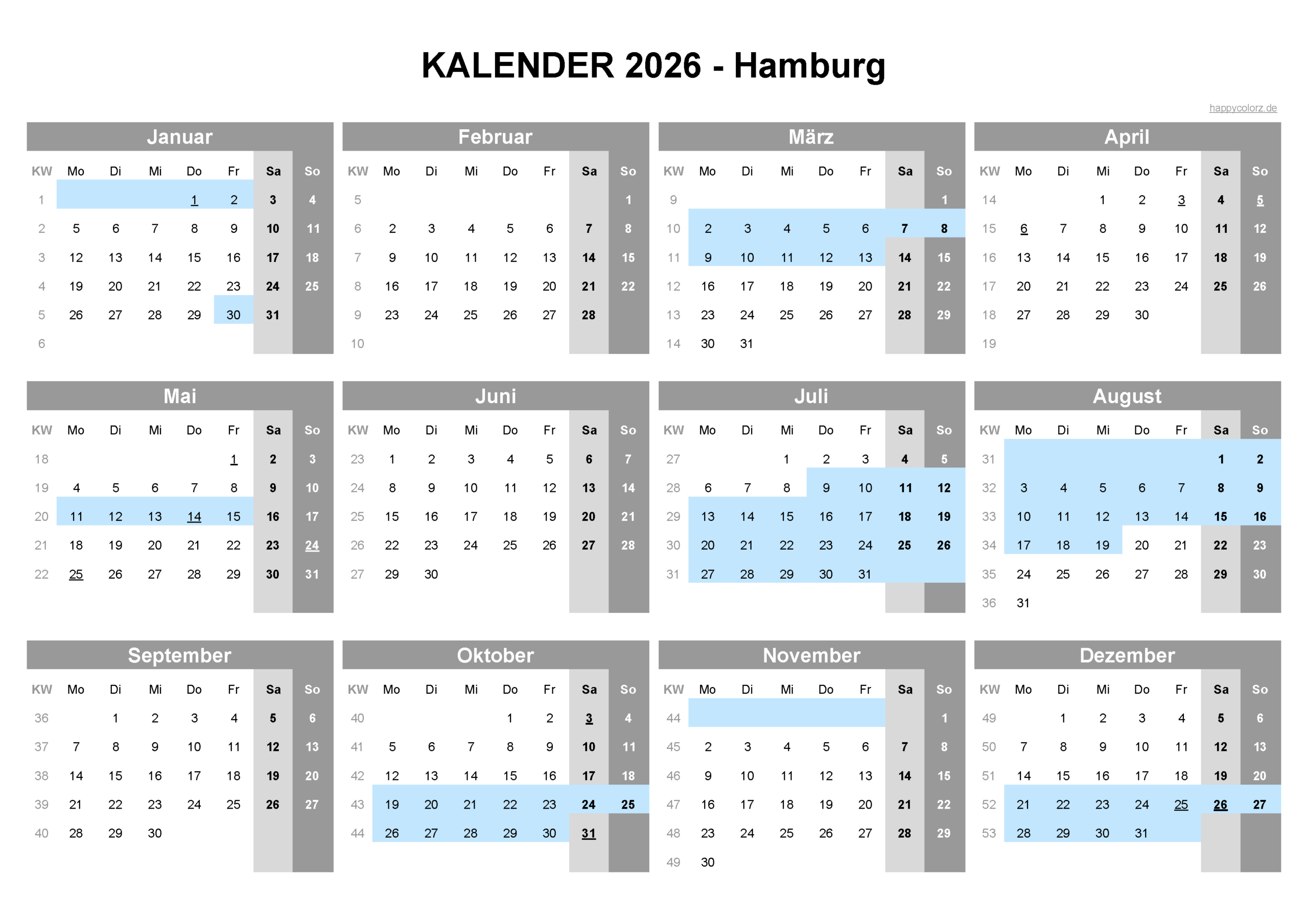 Kalender 2026 Hamburg + Feiertage &amp;amp; Brückentage | Happycolorz.de | Sommerferien Hamburg Kalender 2026