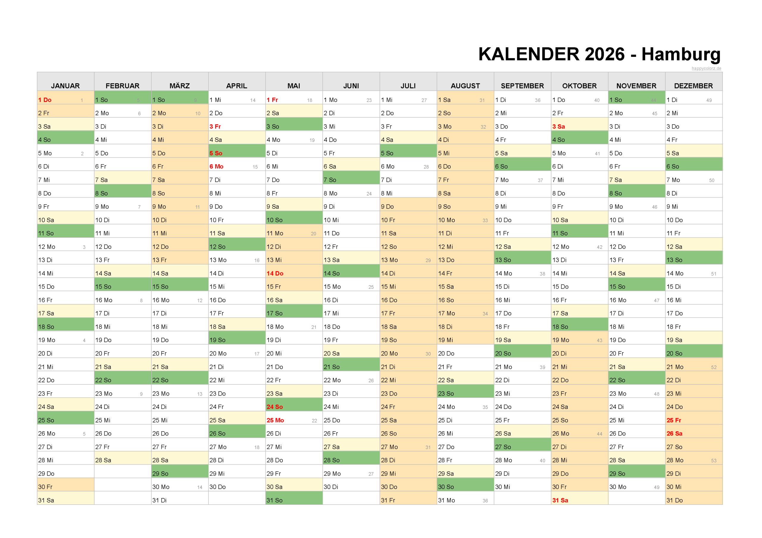 Kalender 2026 Hamburg + Feiertage &amp;amp; Brückentage | Happycolorz.de | Sommerferien Hamburg Kalender 2026