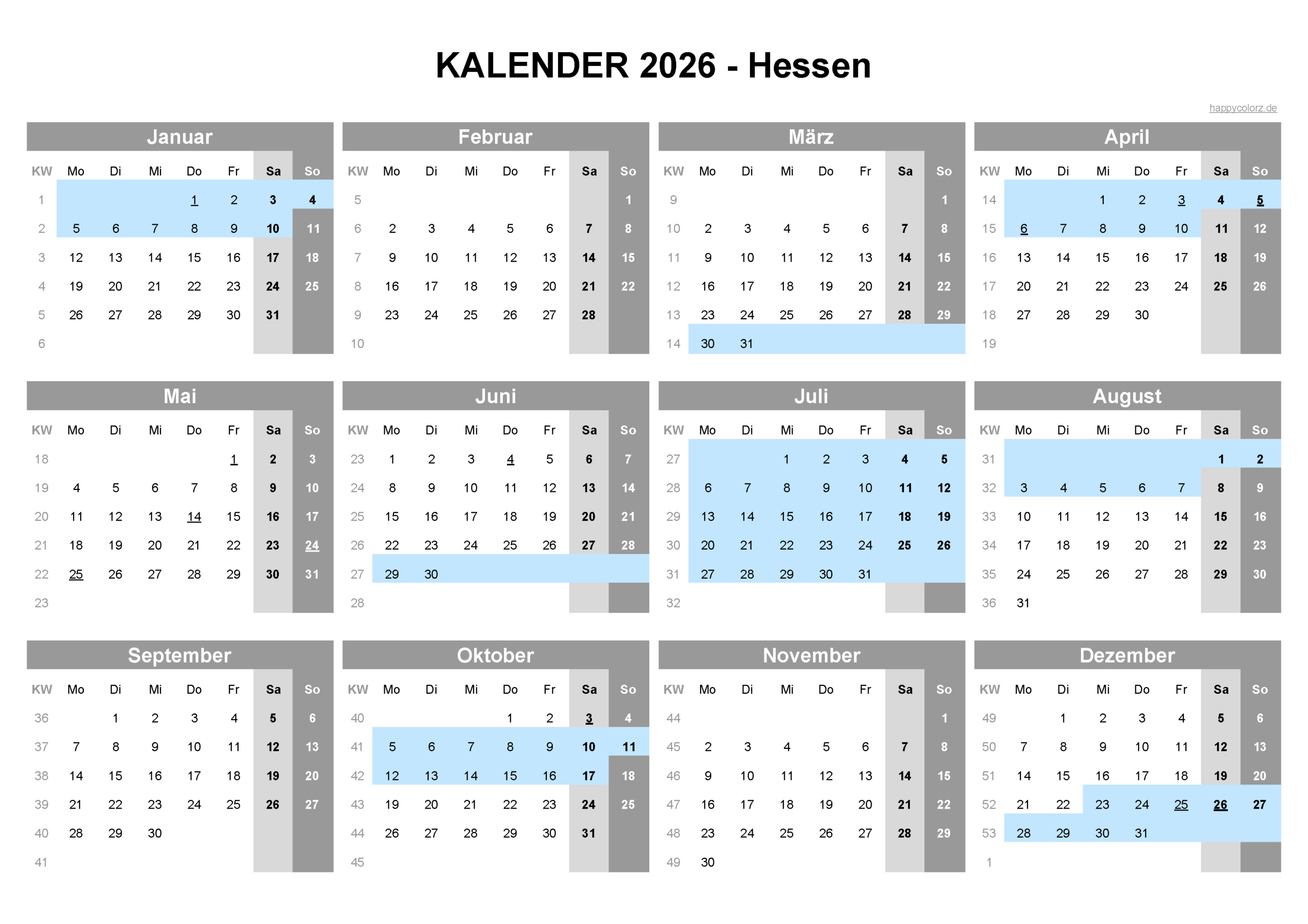 Kalender 2026 Hessen + Feiertage &amp;amp; Brückentage | Happycolorz.de | Kalender Ferien Hessen 2026