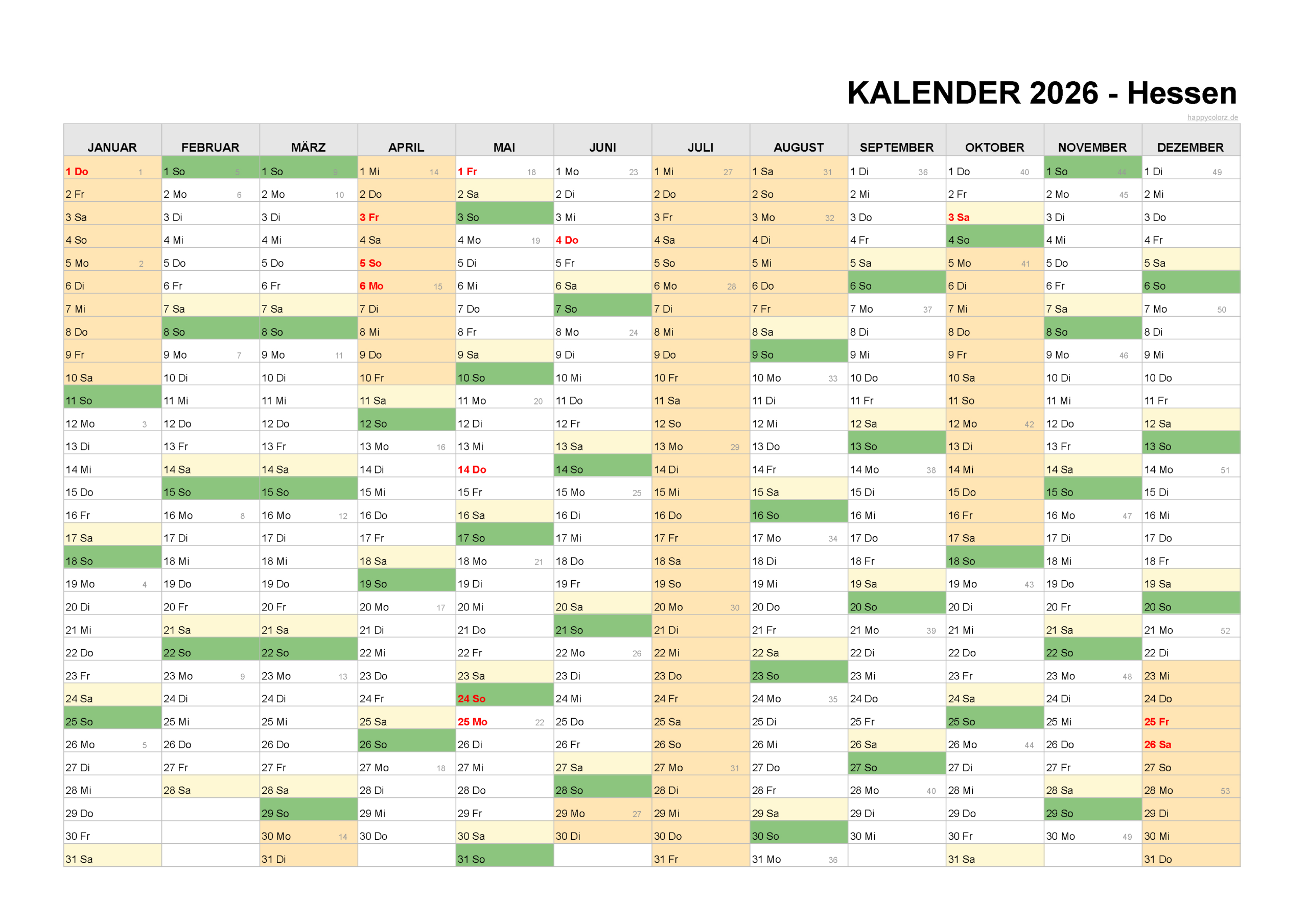 Kalender 2026 Hessen + Feiertage &amp;amp; Brückentage | Happycolorz.de | Sommerferien Hessen Kalender 2026