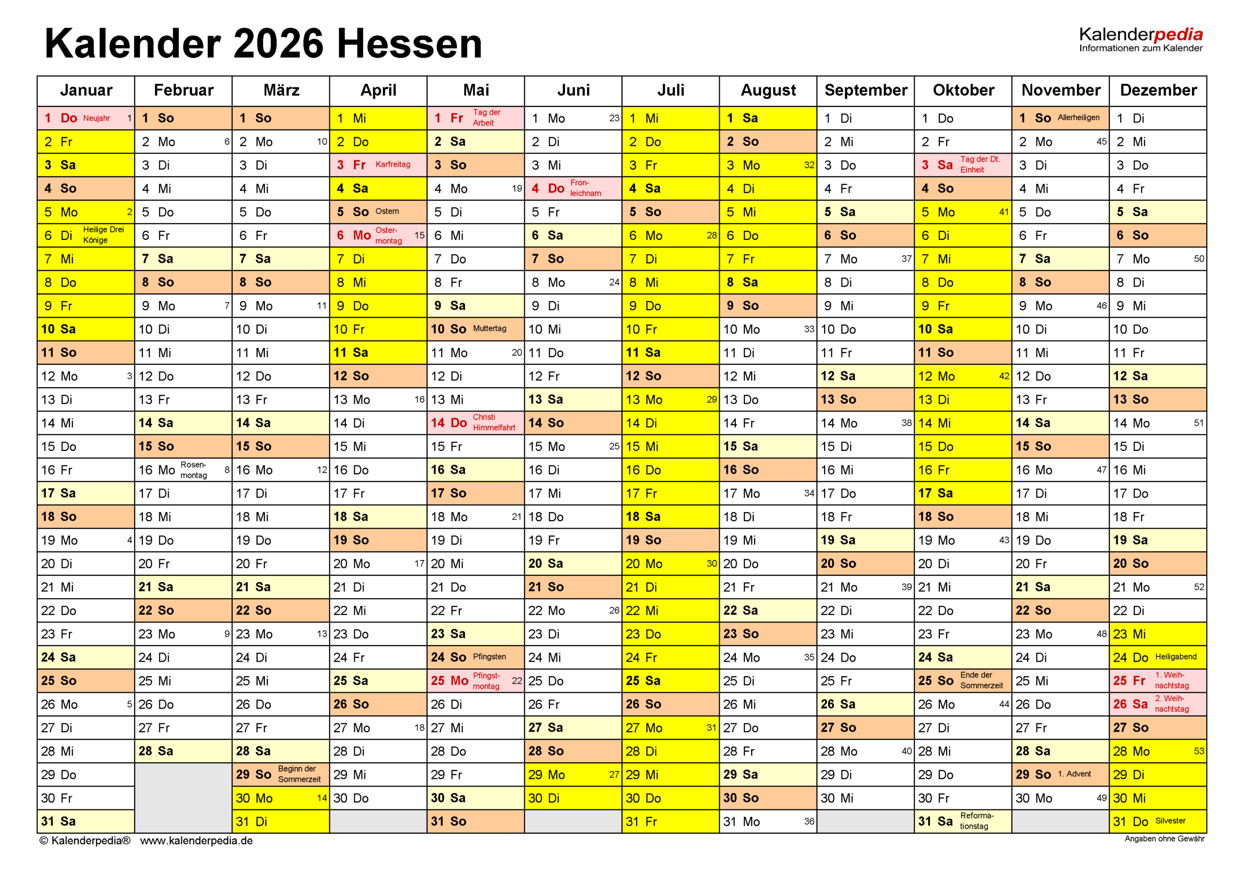 Kalender 2026 Hessen: Ferien, Feiertage, Pdf-Vorlagen | Hessen Kalender 2026