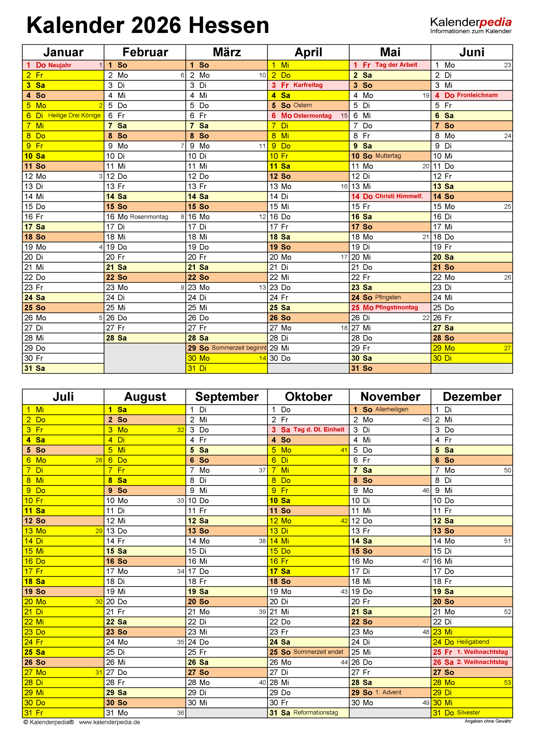 Kalender 2026 Hessen: Ferien, Feiertage, Pdf-Vorlagen | Kalender 2026 Hessen zum Ausdrucken Kostenlos