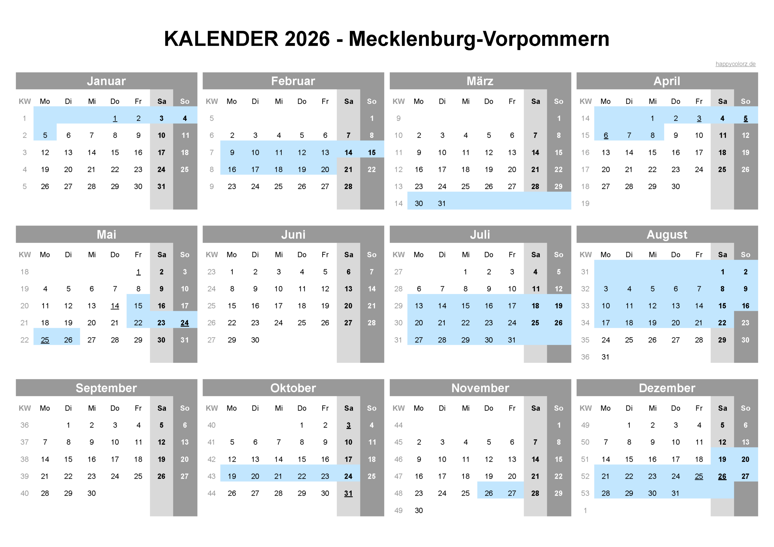 Kalender 2026 Mecklenburg-Vorpommern + Feiertage | Happycolorz.de | Kalender 2026 Mit Ferien Mecklenburg-Vorpommern