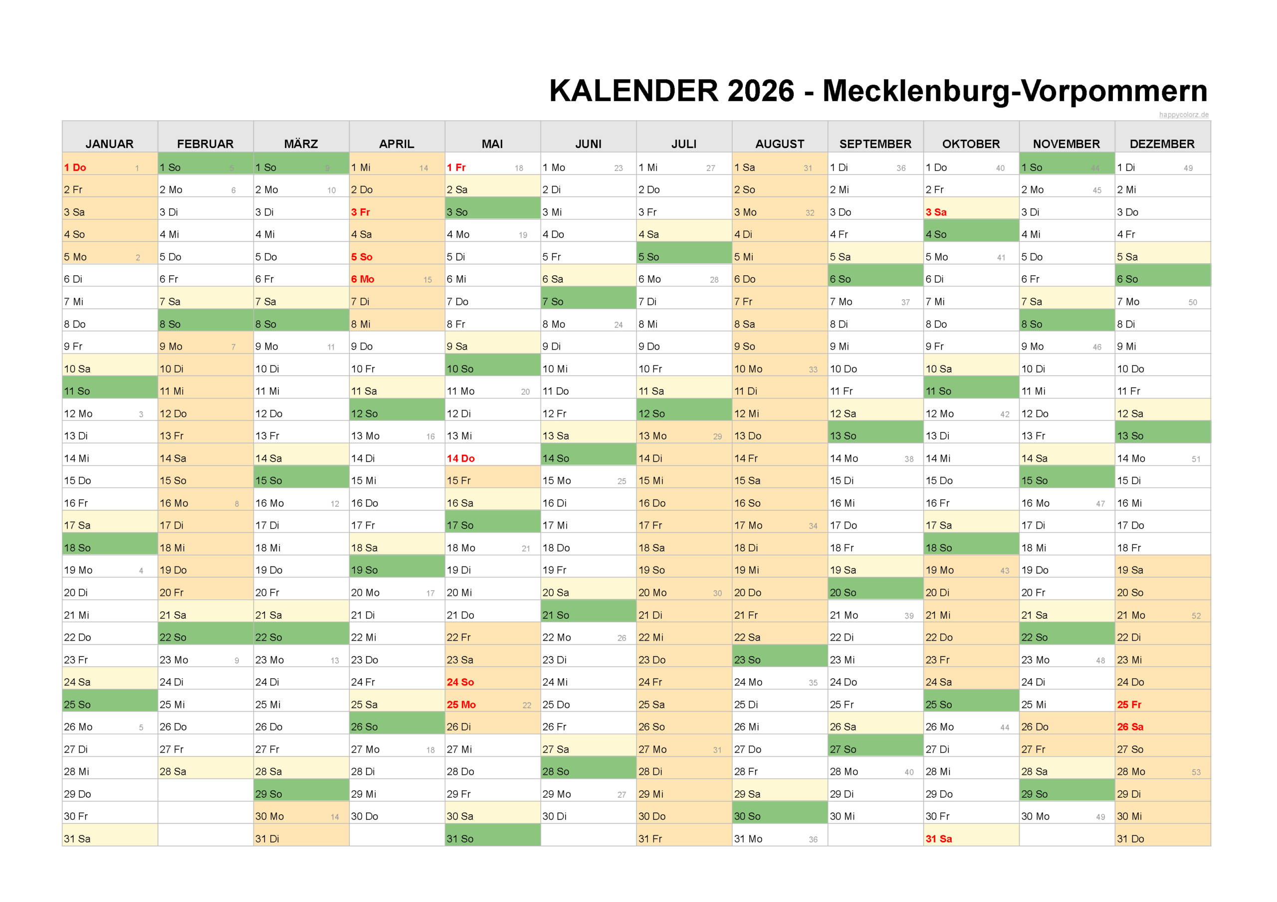 Kalender 2026 Mecklenburg-Vorpommern + Feiertage | Happycolorz.de | Kalender Mecklenburg-Vorpommern 2026 zum Ausdrucken