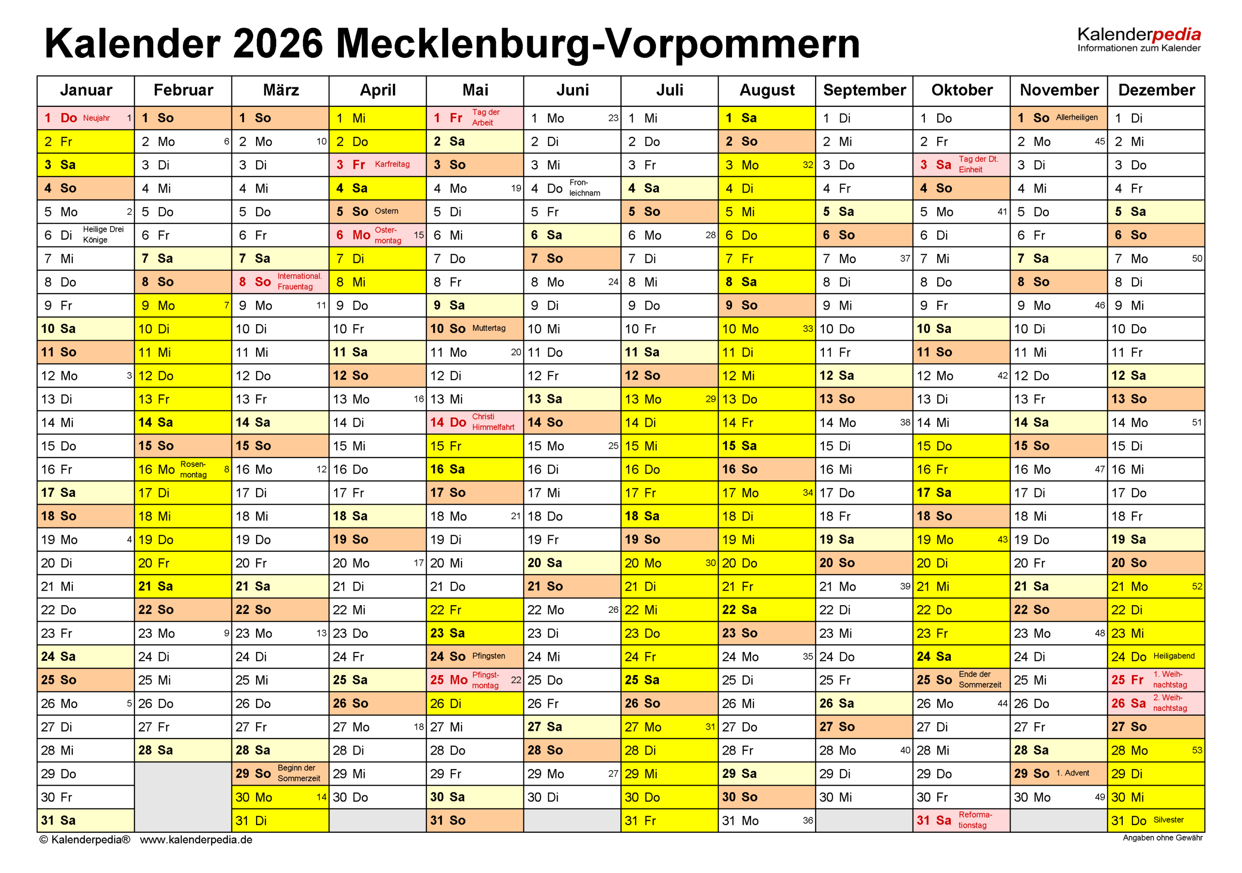 Kalender 2026 Mecklenburg-Vorpommern: Pdf-Vorlagen Mit Ferien | Kalender Mecklenburg-Vorpommern 2026