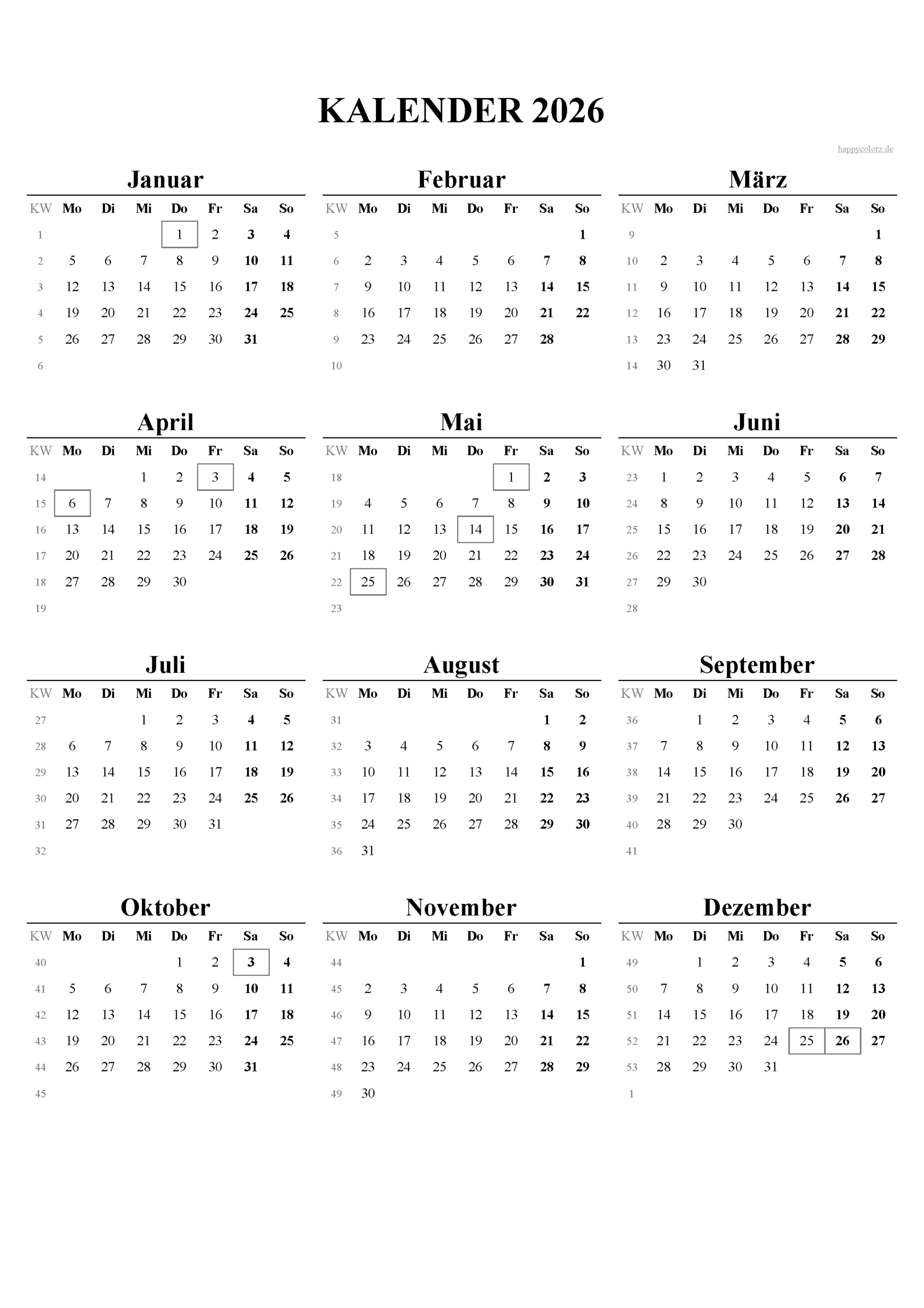Kalender 2026 Mit Kalenderwochen Und Feiertagen (Pdf, Xls &amp;amp; Png) | Kalender 2026 Ausdruck