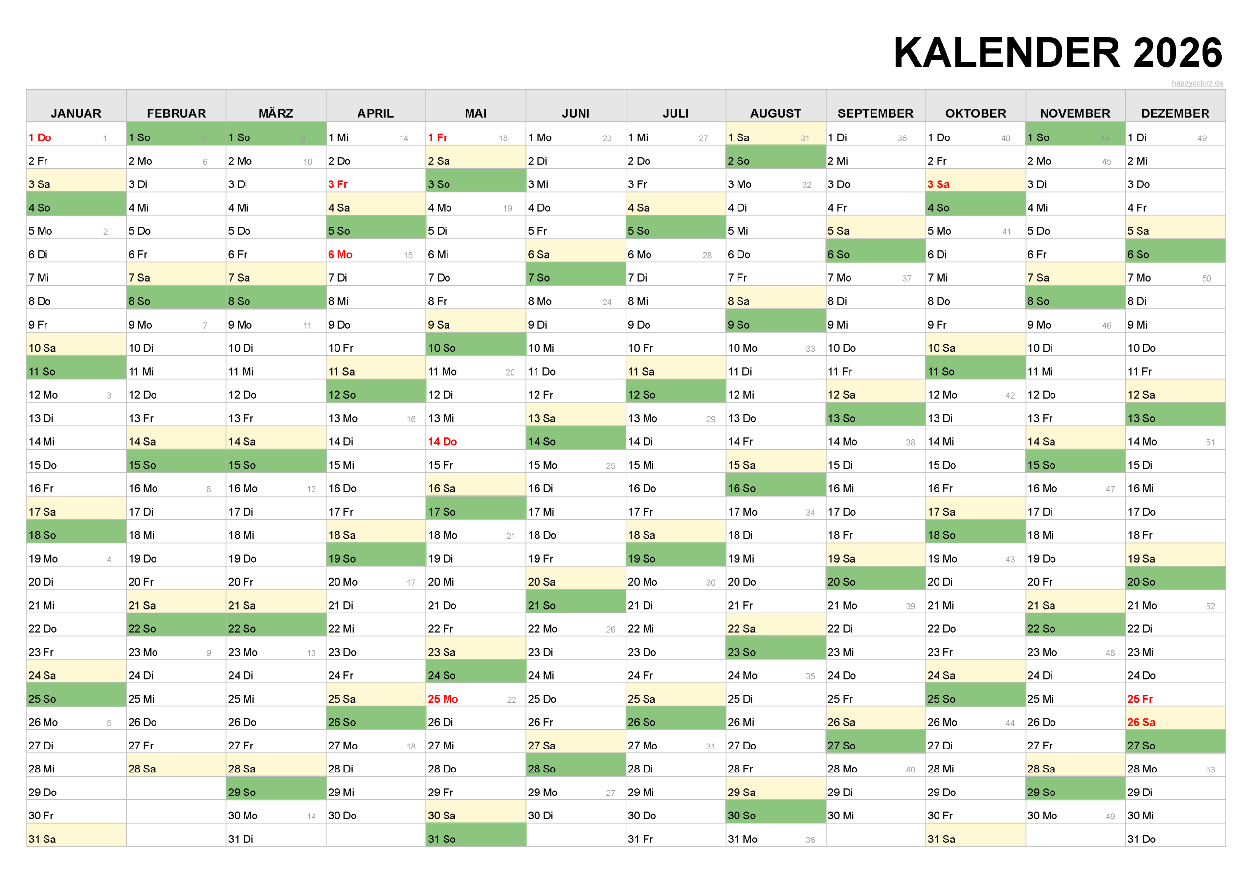 Kalender 2026 Mit Kalenderwochen Und Feiertagen (Pdf, Xls &amp;amp; Png) | Kalender 2026 Download Kostenlos