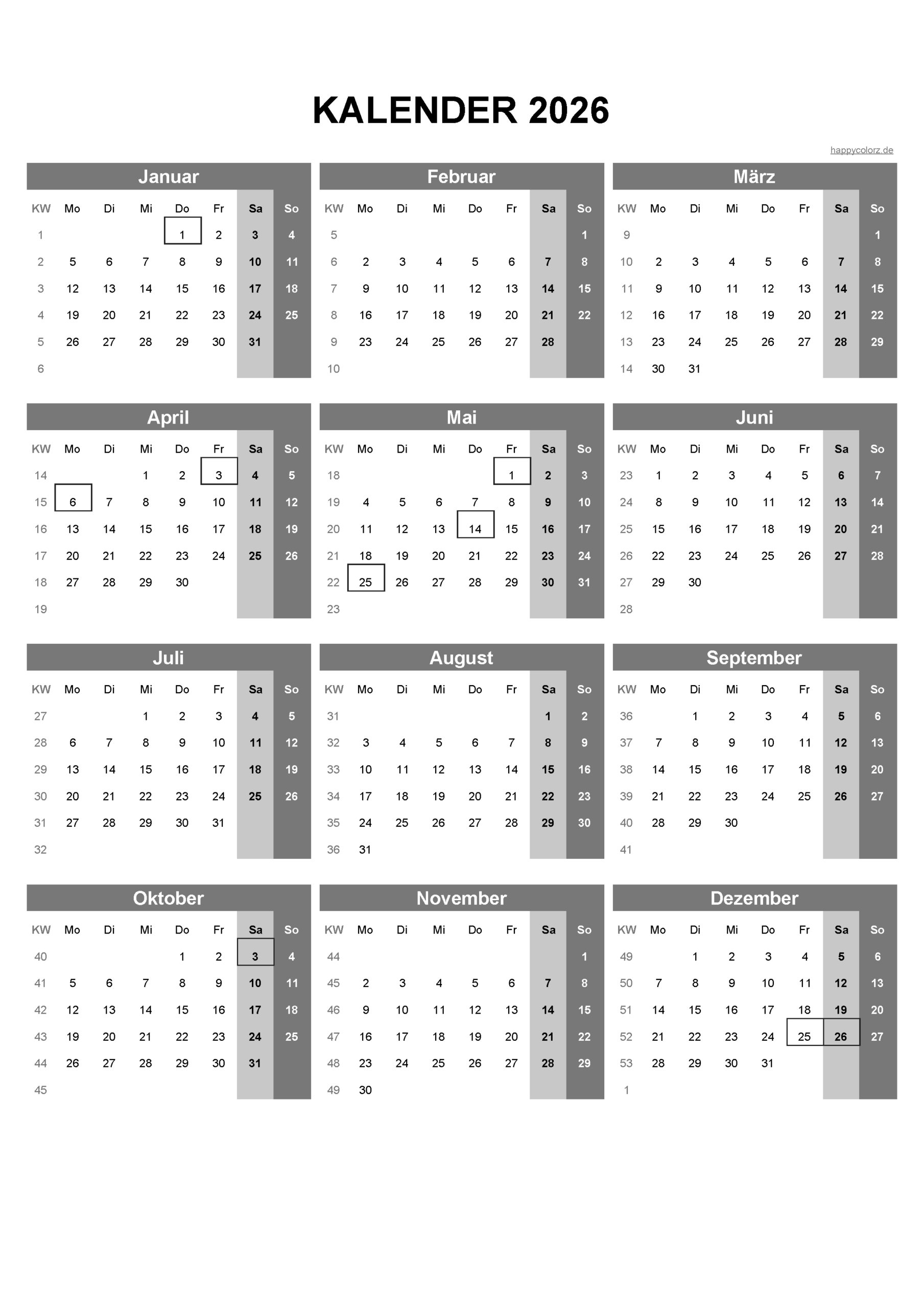 Kalender 2026 Mit Kalenderwochen Und Feiertagen (Pdf, Xls &amp;amp; Png) | Kalender 2026 Druck