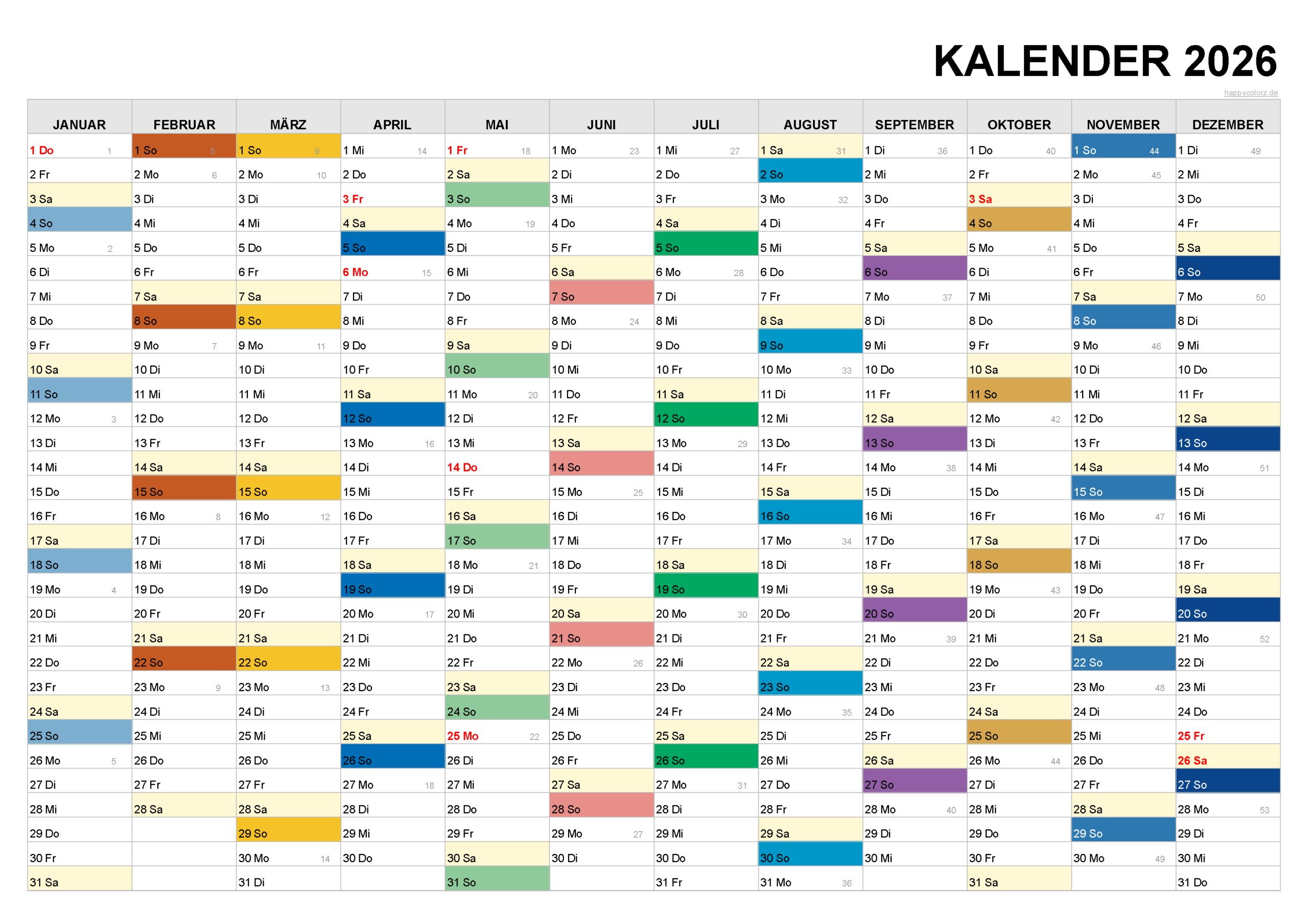 Kalender 2026 Mit Kalenderwochen Und Feiertagen (Pdf, Xls &amp;amp; Png) | Kalender Din A4 2026