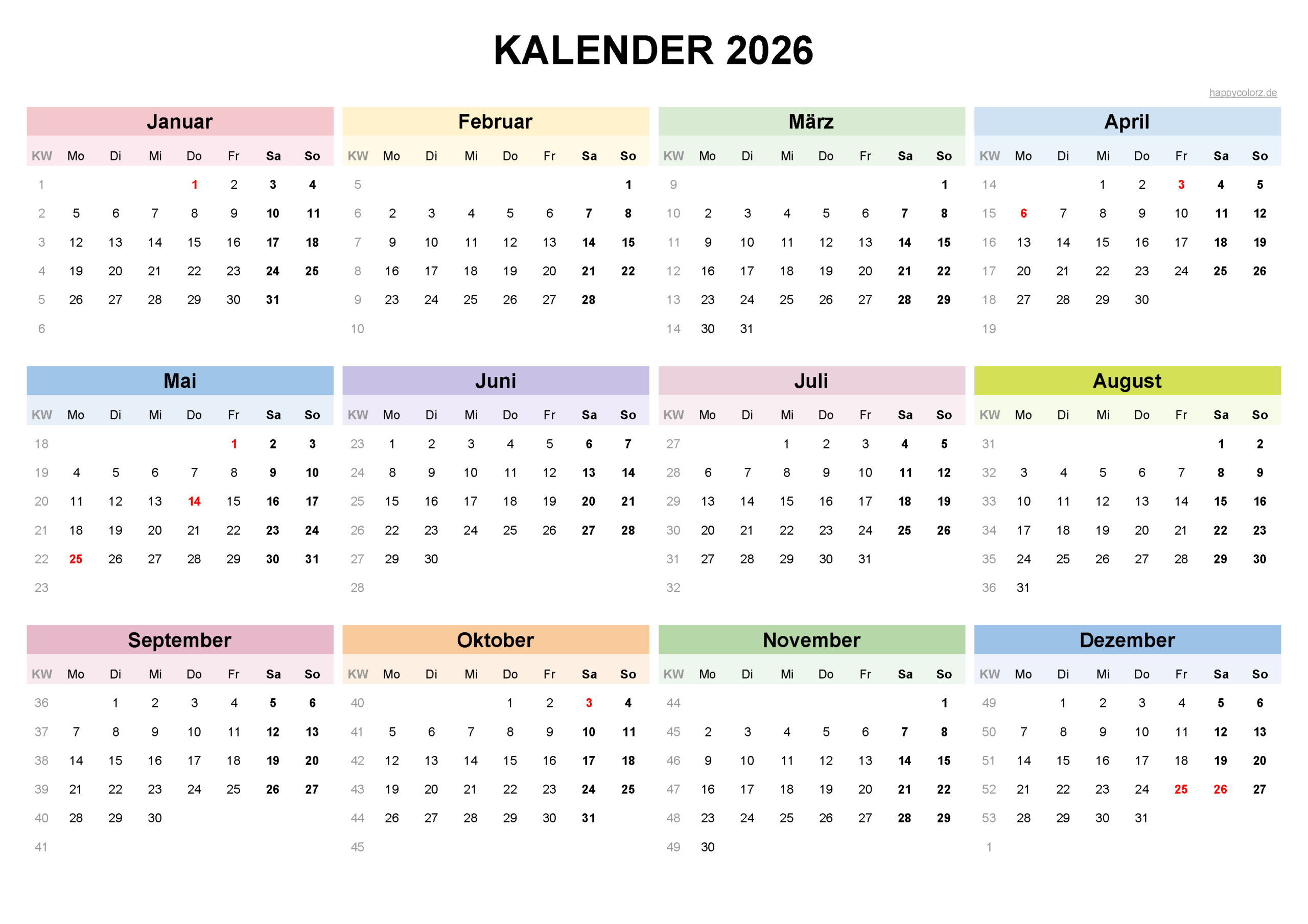 Kalender 2026 Mit Kalenderwochen Und Feiertagen (Pdf, Xls &amp;amp; Png) | Kalender Din A4 2026
