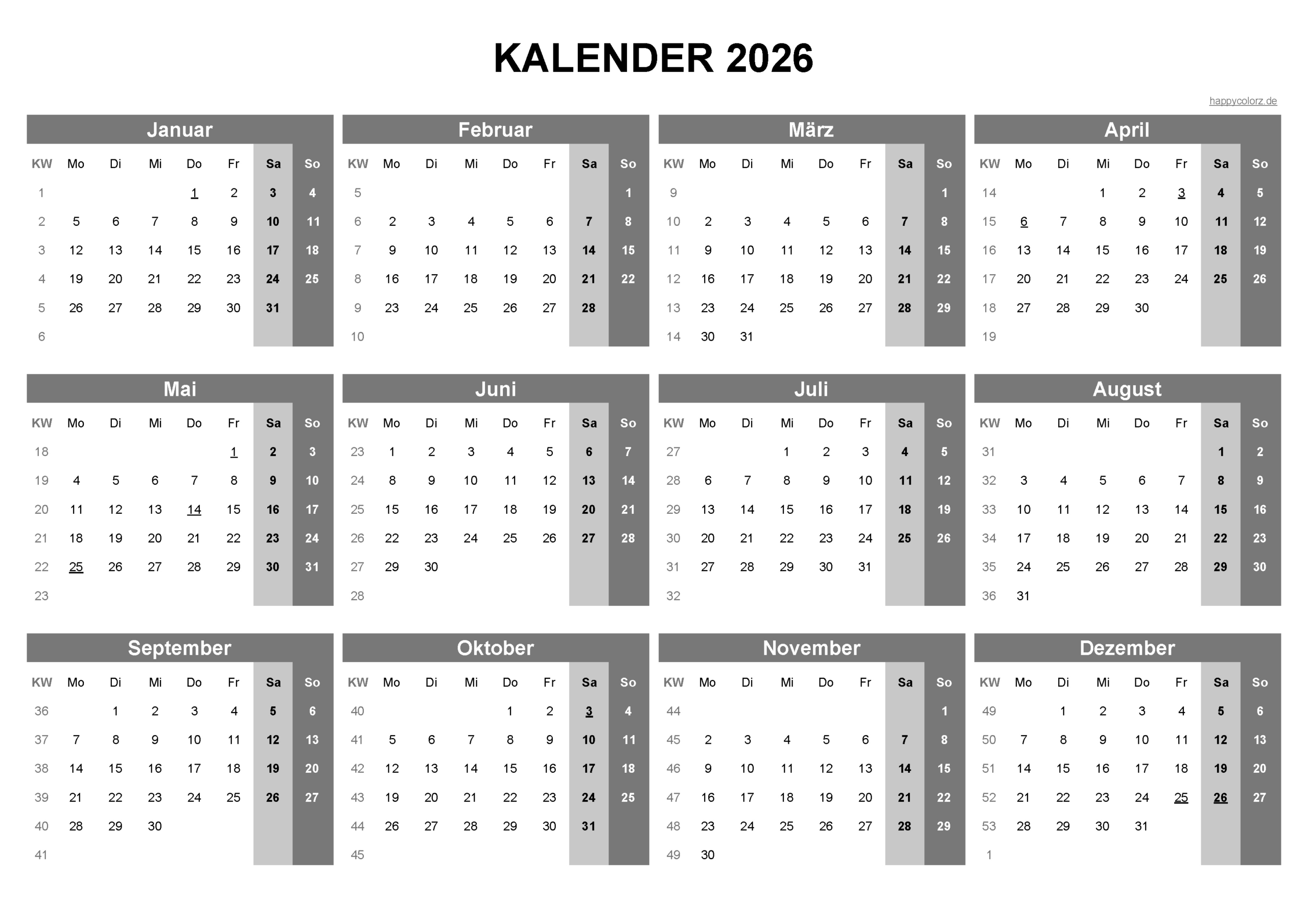 Kalender 2026 Mit Kalenderwochen Und Feiertagen (Pdf, Xls &amp;amp; Png) | Kostenloser Kalender 2026