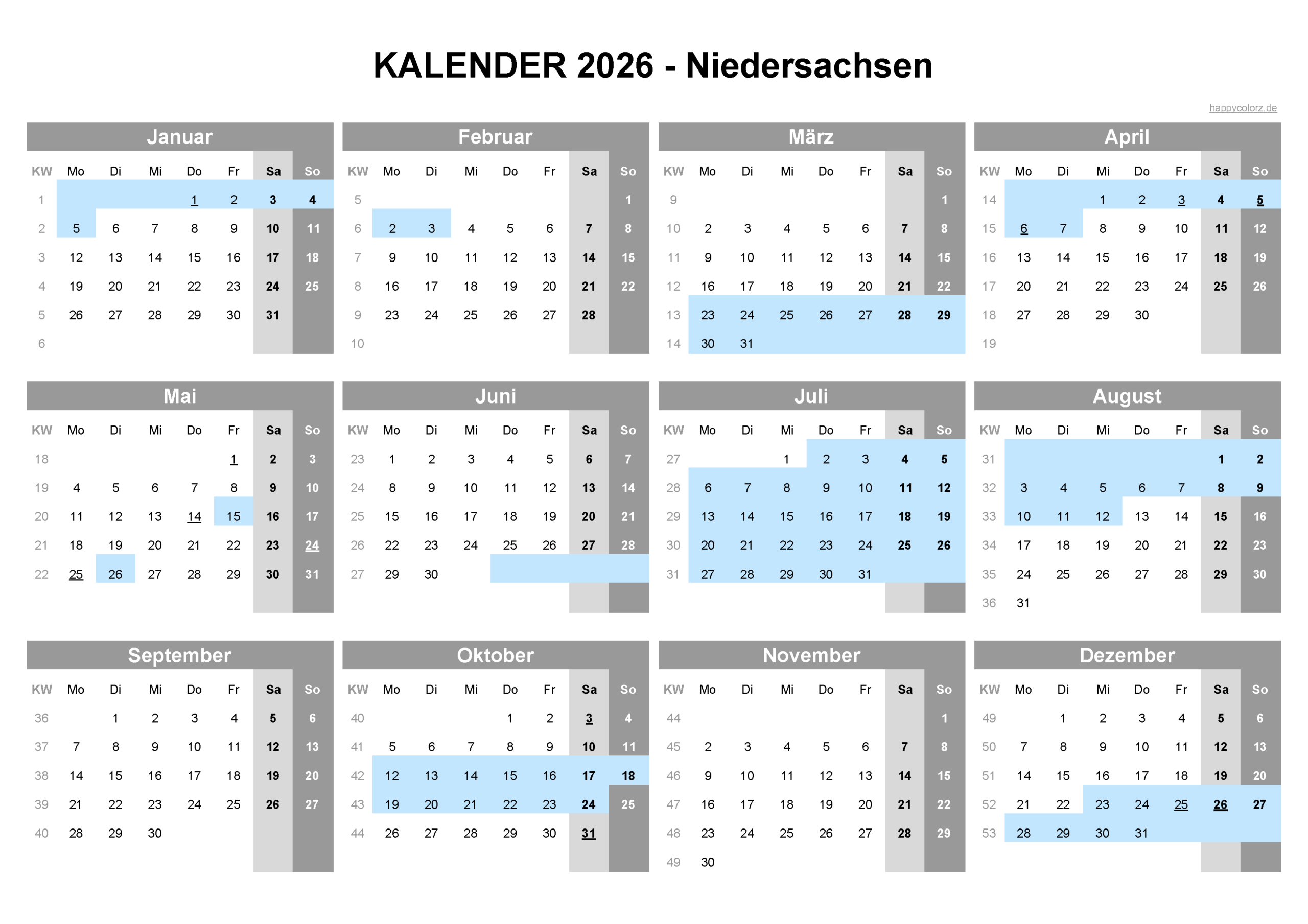 Kalender 2026 Niedersachsen: Feiertage &amp;amp; Brückentage | Kalender Mit Ferien Niedersachsen 2026