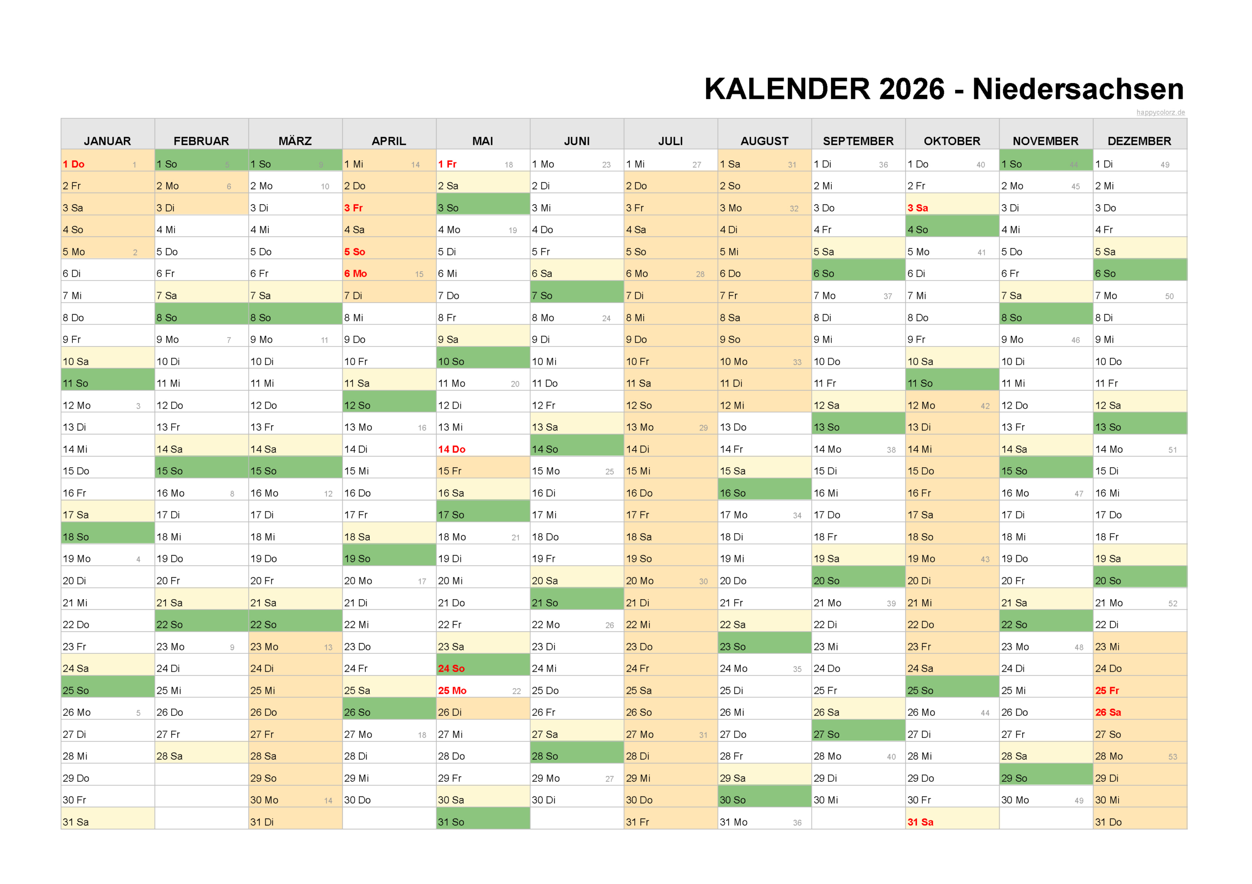 Kalender 2026 Niedersachsen: Feiertage &amp;amp; Brückentage | Sommerferien Niedersachsen Kalender 2026