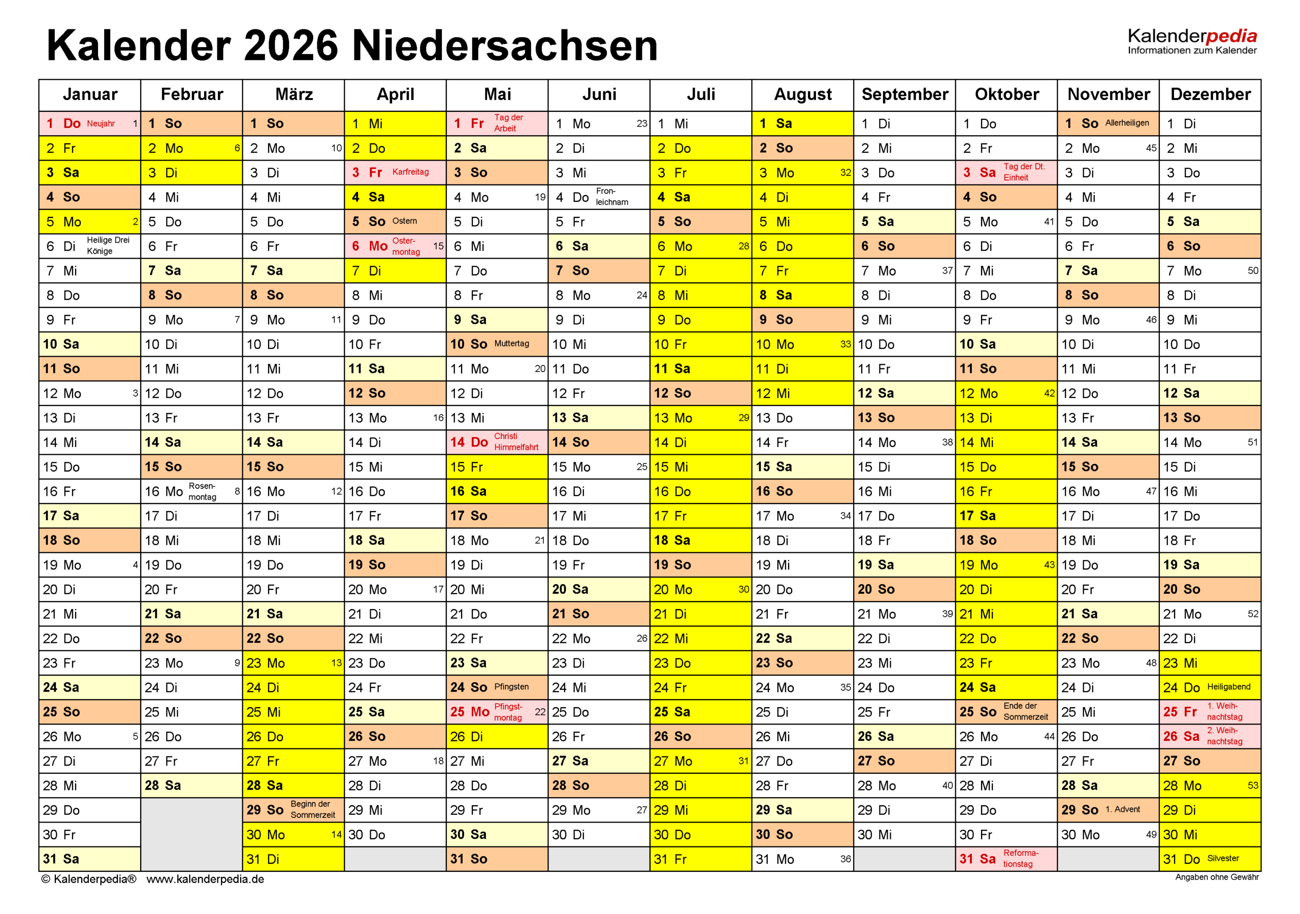 Kalender 2026 Niedersachsen: Ferien, Feiertage, Pdf-Vorlagen | Brückentage Niedersachsen Kalender 2026