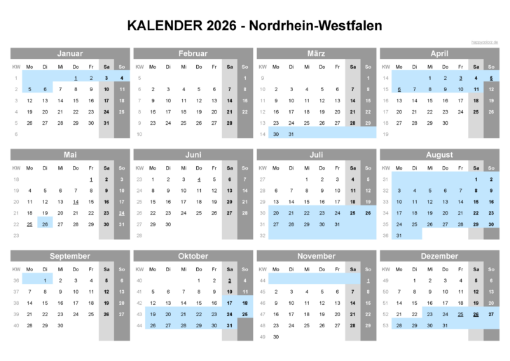 Kalender 2026 mit Ferien und Feiertagen NRW