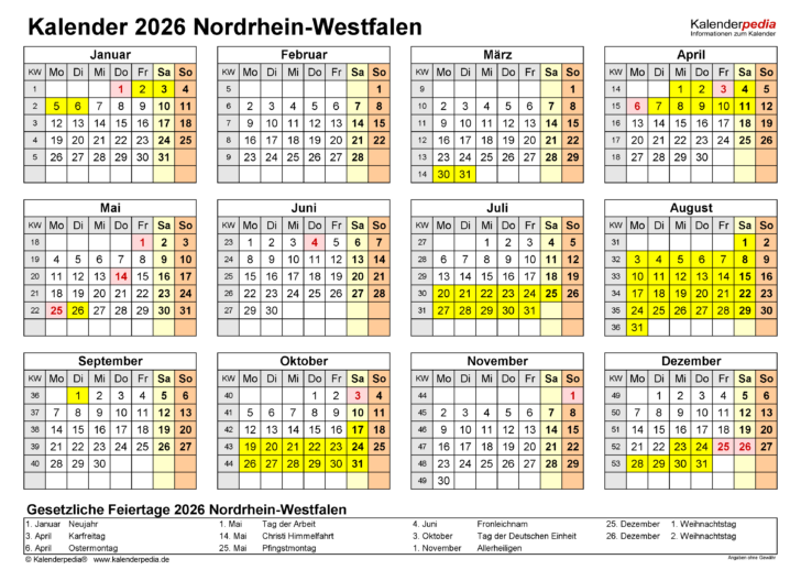 Kalender NRW 2026 mit Ferien und Feiertagen