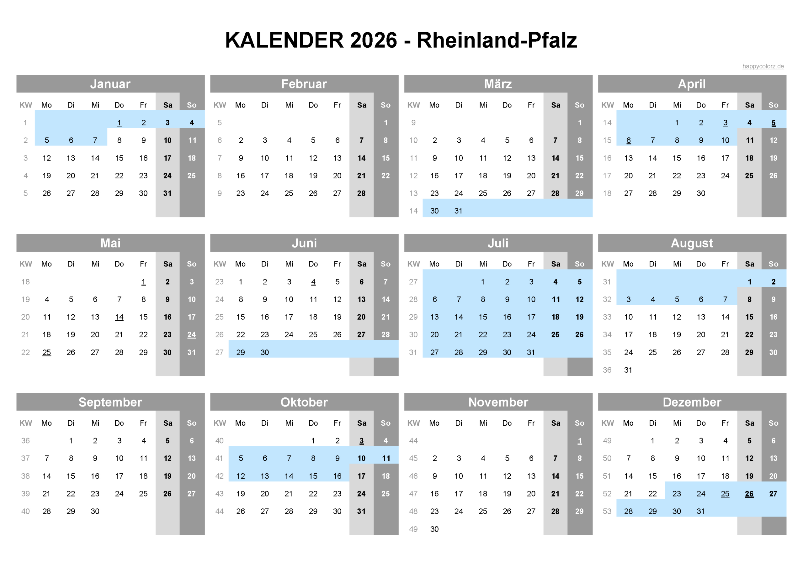 Kalender 2026 Rheinland-Pfalz: Feiertage &amp;amp; Brückentage | Feiertage Rheinland-Pfalz Kalender 2026