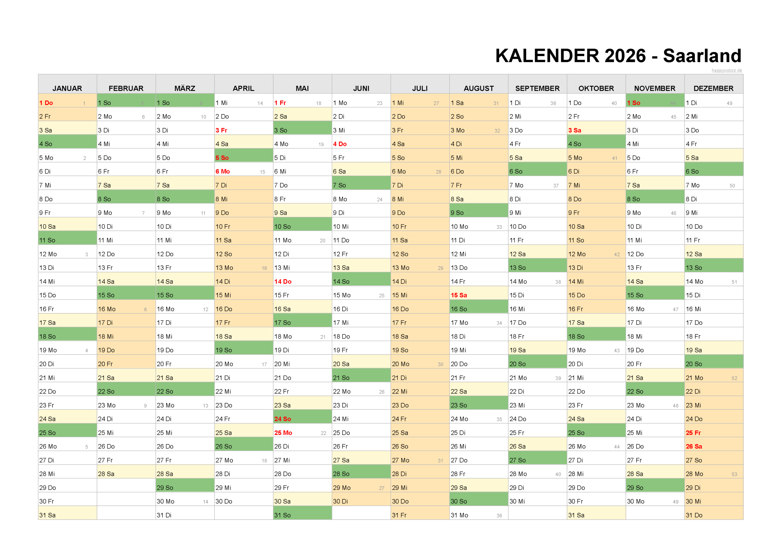 Kalender 2026 Saarland + Feiertage &amp;amp; Brückentage | Happycolorz.de | Kalender Saarland 2026 mit Feiertagen