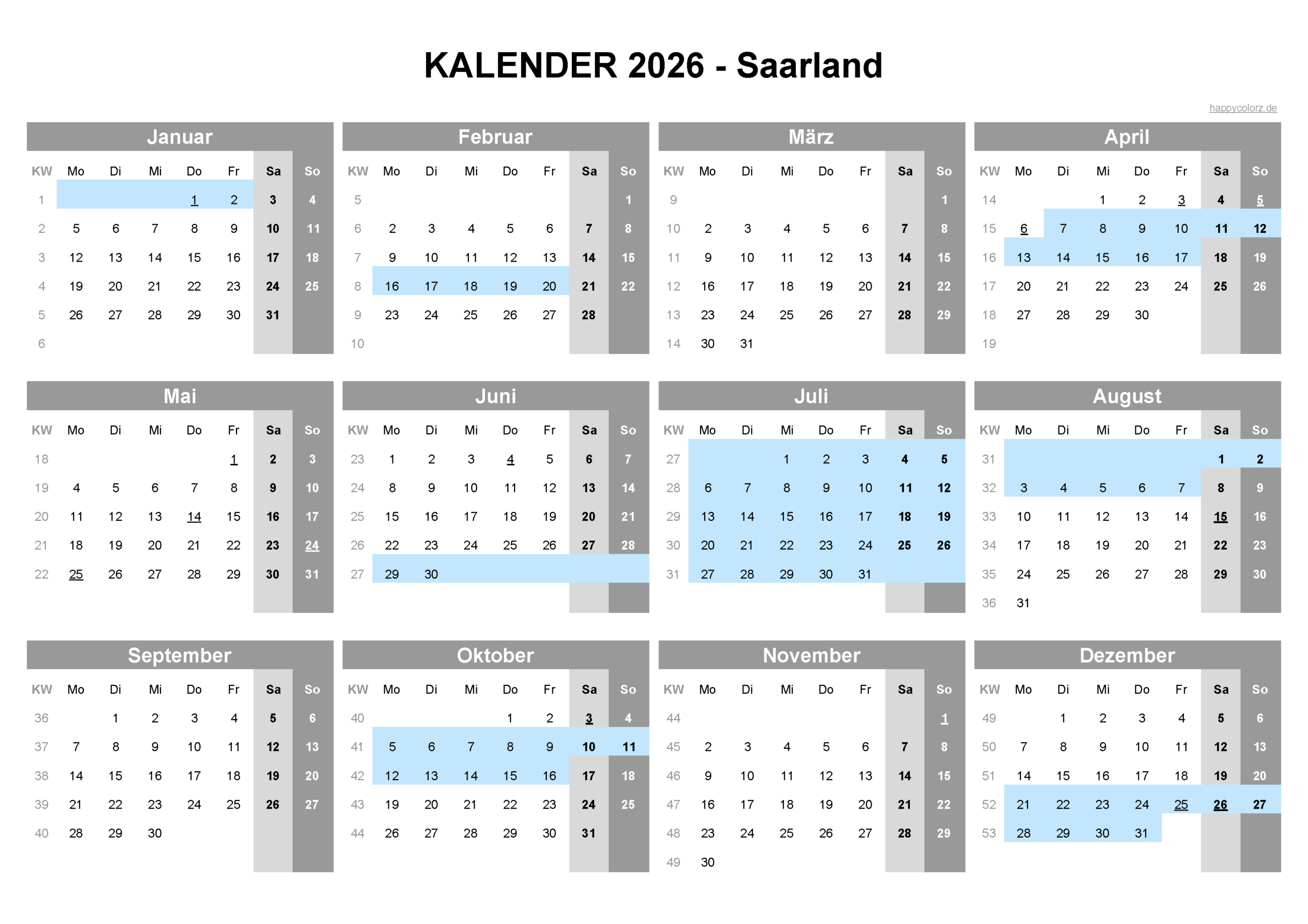 Kalender 2026 Saarland + Feiertage &amp;amp; Brückentage | Happycolorz.de | Kalender Saarland 2026
