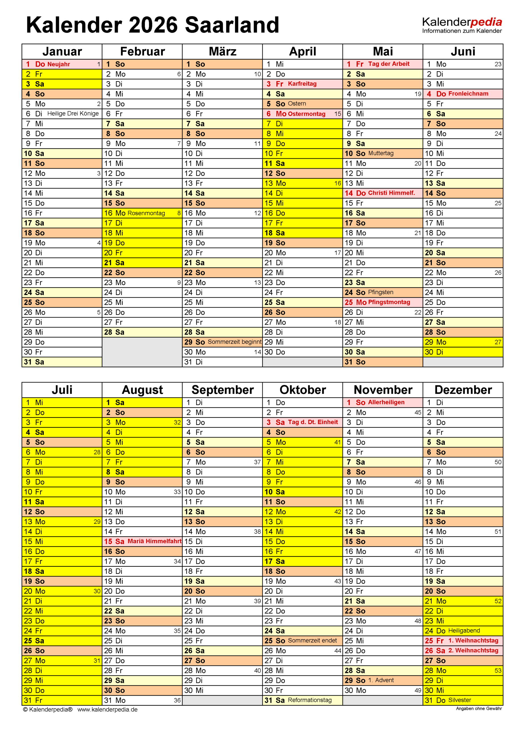 Kalender 2026 Saarland: Ferien, Feiertage, Pdf-Vorlagen | Kalender 2026 Mit Ferien Saarland