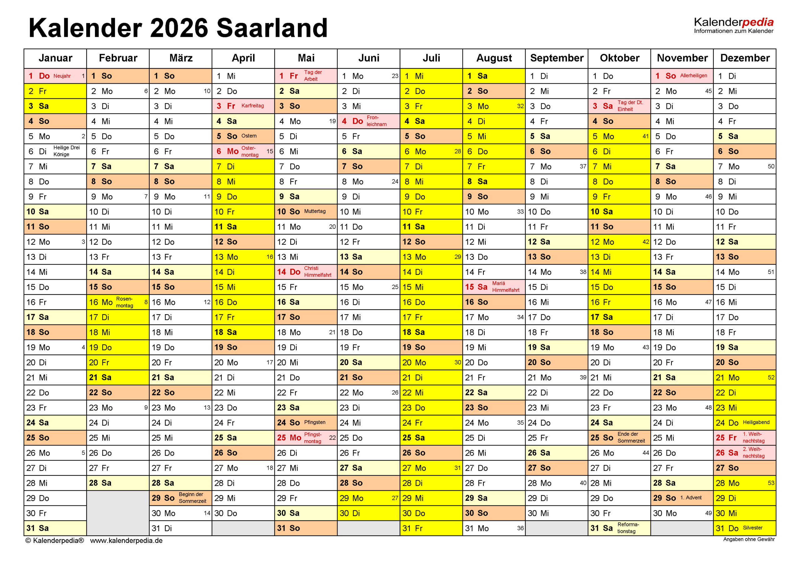 Kalender 2026 Saarland: Ferien, Feiertage, Pdf-Vorlagen | Kalender Saarland 2026 Mit Feiertagen