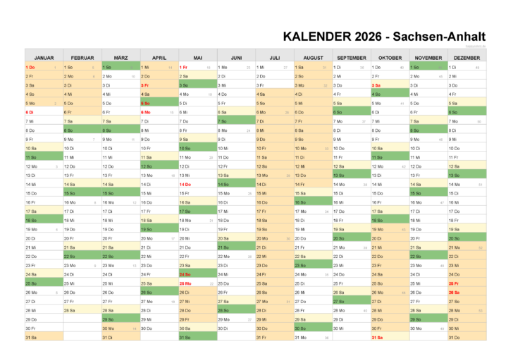 Kalender Sachsen-Anhalt 2026