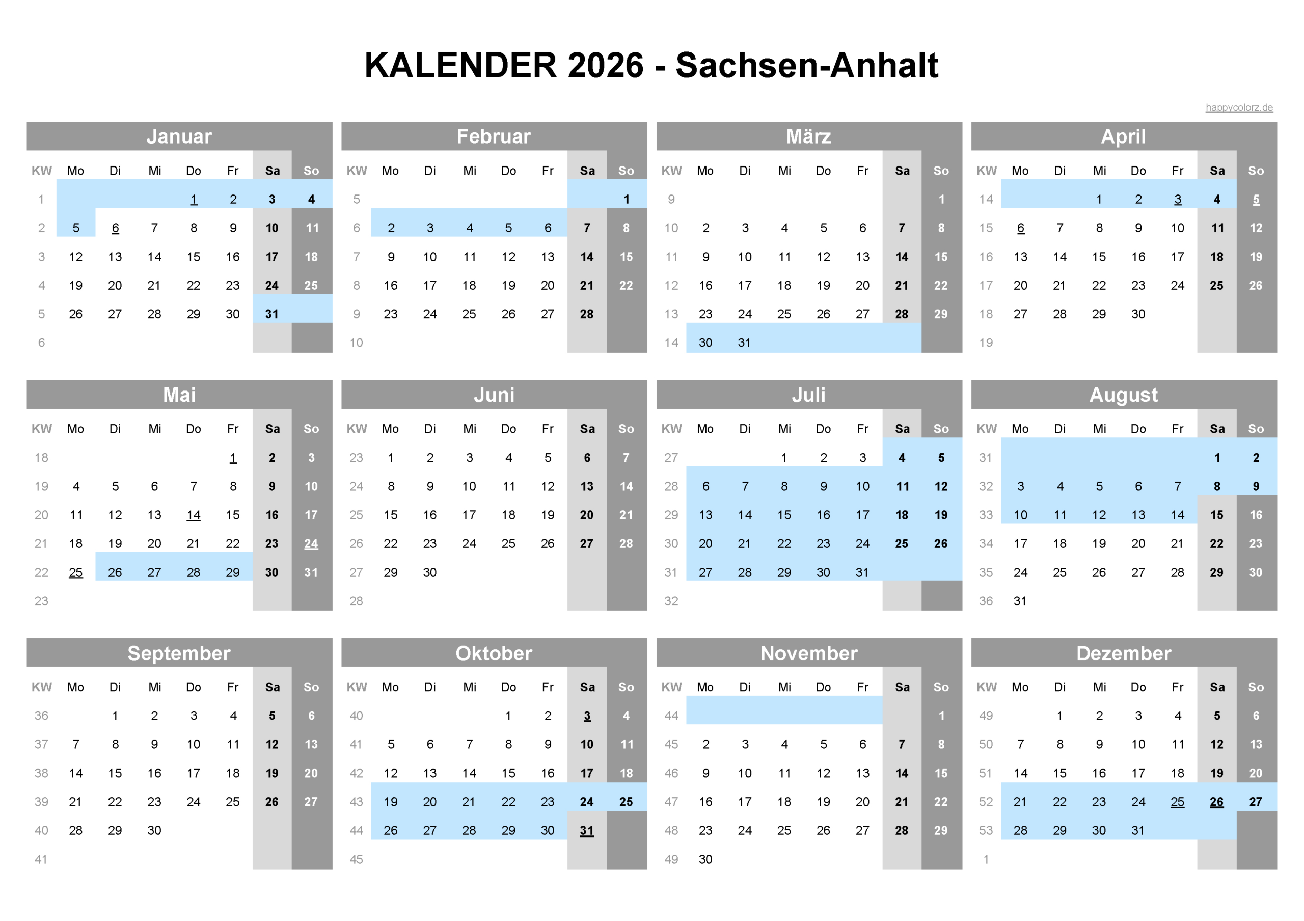 Kalender 2026 Sachsen-Anhalt: Feiertage &amp;amp; Brückentage | Kalender Sachsen-Anhalt 2026 Zum Ausdrucken