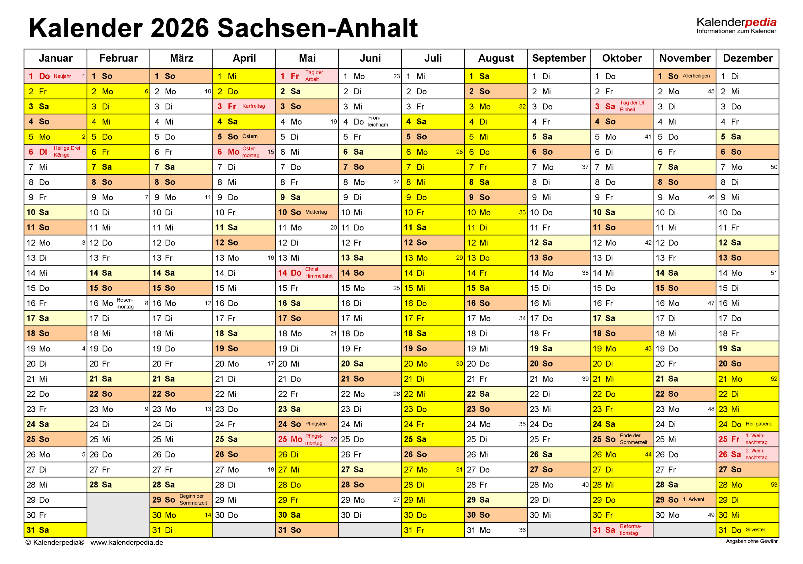 Kalender 2026 Sachsen-Anhalt: Ferien, Feiertage, Pdf-Vorlagen | Kalender Mit Ferien Sachsen-Anhalt 2026