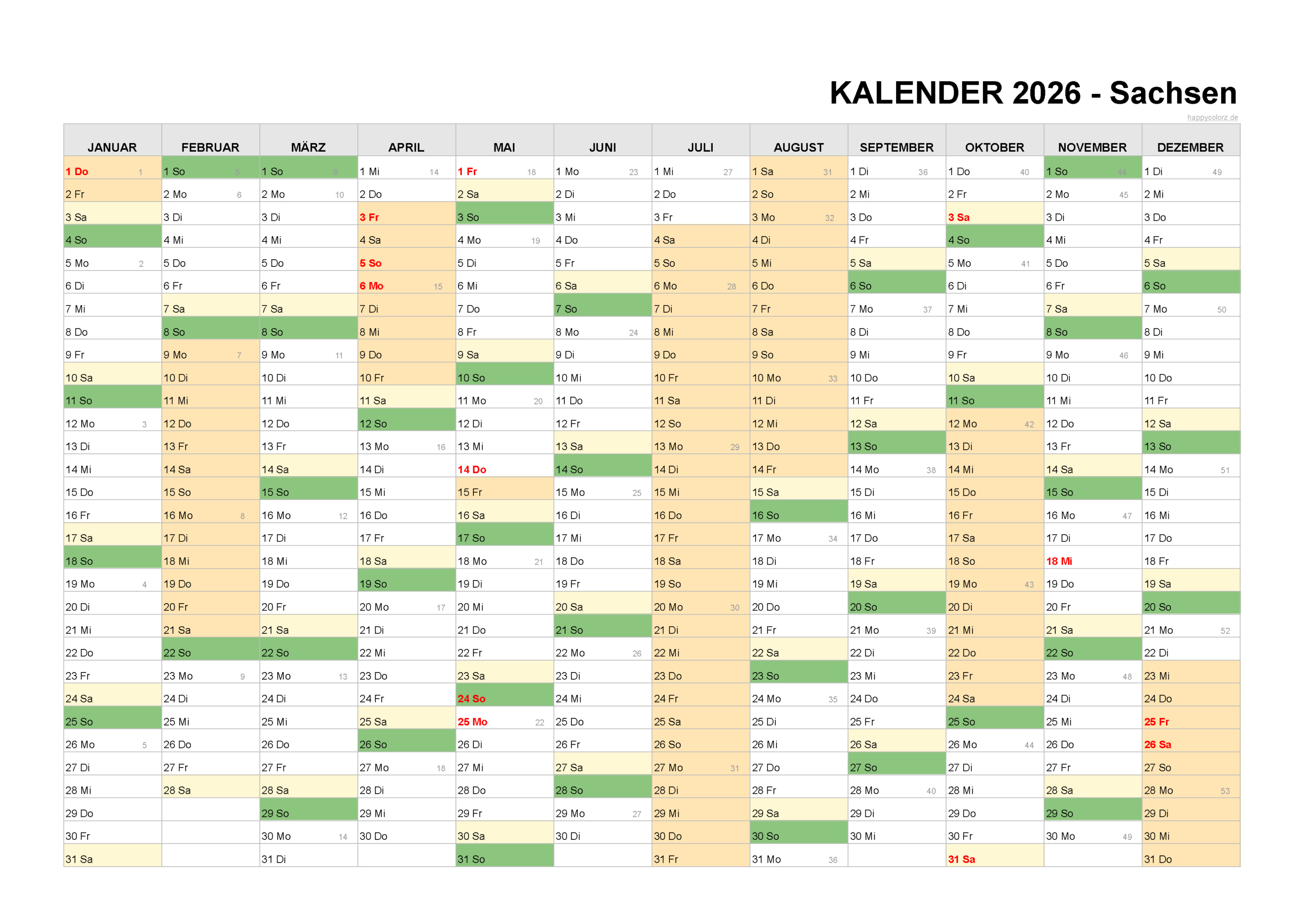 Kalender 2026 Sachsen + Feiertage &amp;amp; Brückentage | Happycolorz.de | Ferien Sachsen Kalender 2026