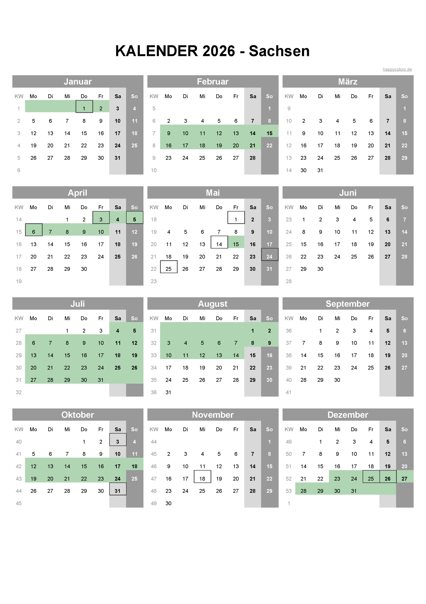 Kalender 2026 Sachsen + Feiertage &amp;amp; Brückentage | Happycolorz.de | Kalender Sachsen 2026 zum Ausdrucken