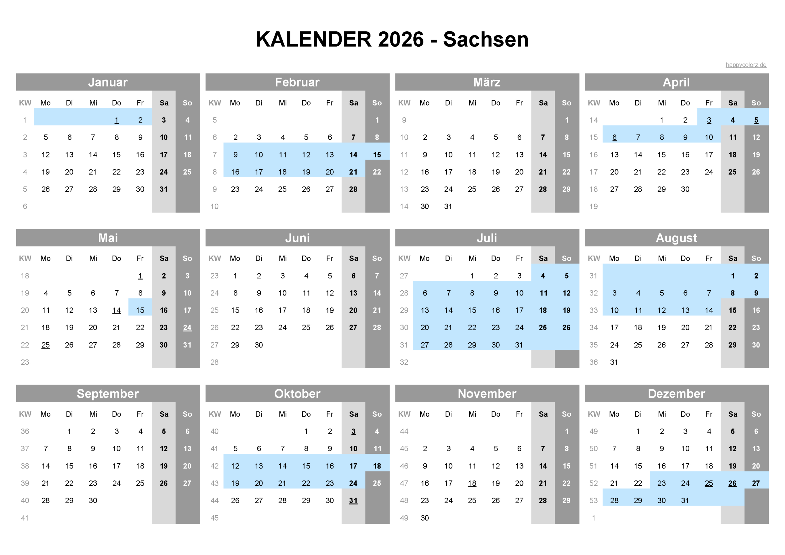 Kalender 2026 Sachsen + Feiertage &amp;amp; Brückentage | Happycolorz.de | Sommerferien Sachsen Kalender 2026