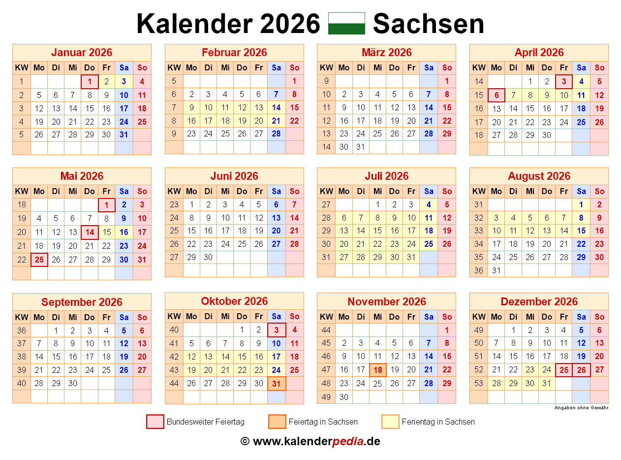 Kalender 2026 Sachsen: Ferien, Feiertage, Excel-Vorlagen | Feiertage Sachsen Kalender 2026