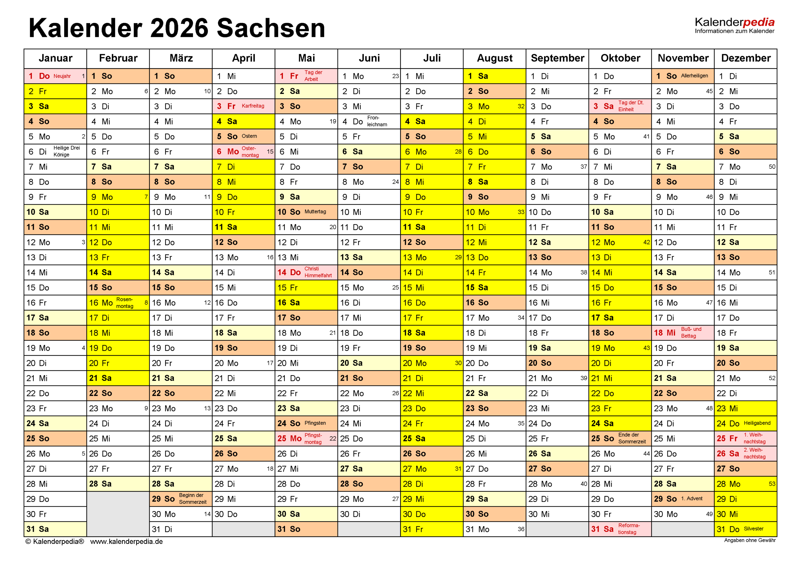 Kalender 2026 Sachsen: Ferien, Feiertage, Pdf-Vorlagen | Kalender mit Ferien Sachsen 2026