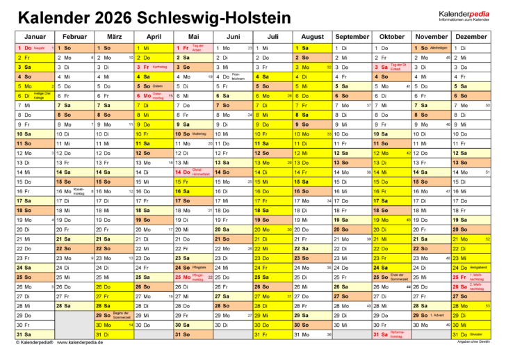 Kalender 2026 zum Ausdrucken mit Ferien Schleswig-Holstein