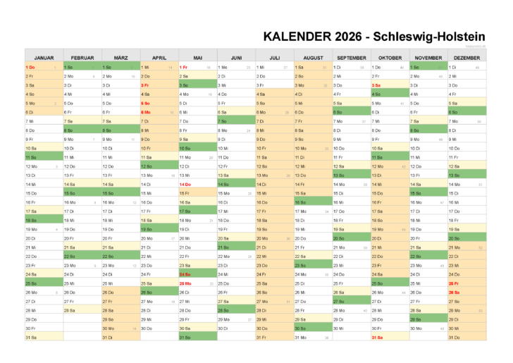 Kalender 2026 mit Ferien Schleswig-Holstein