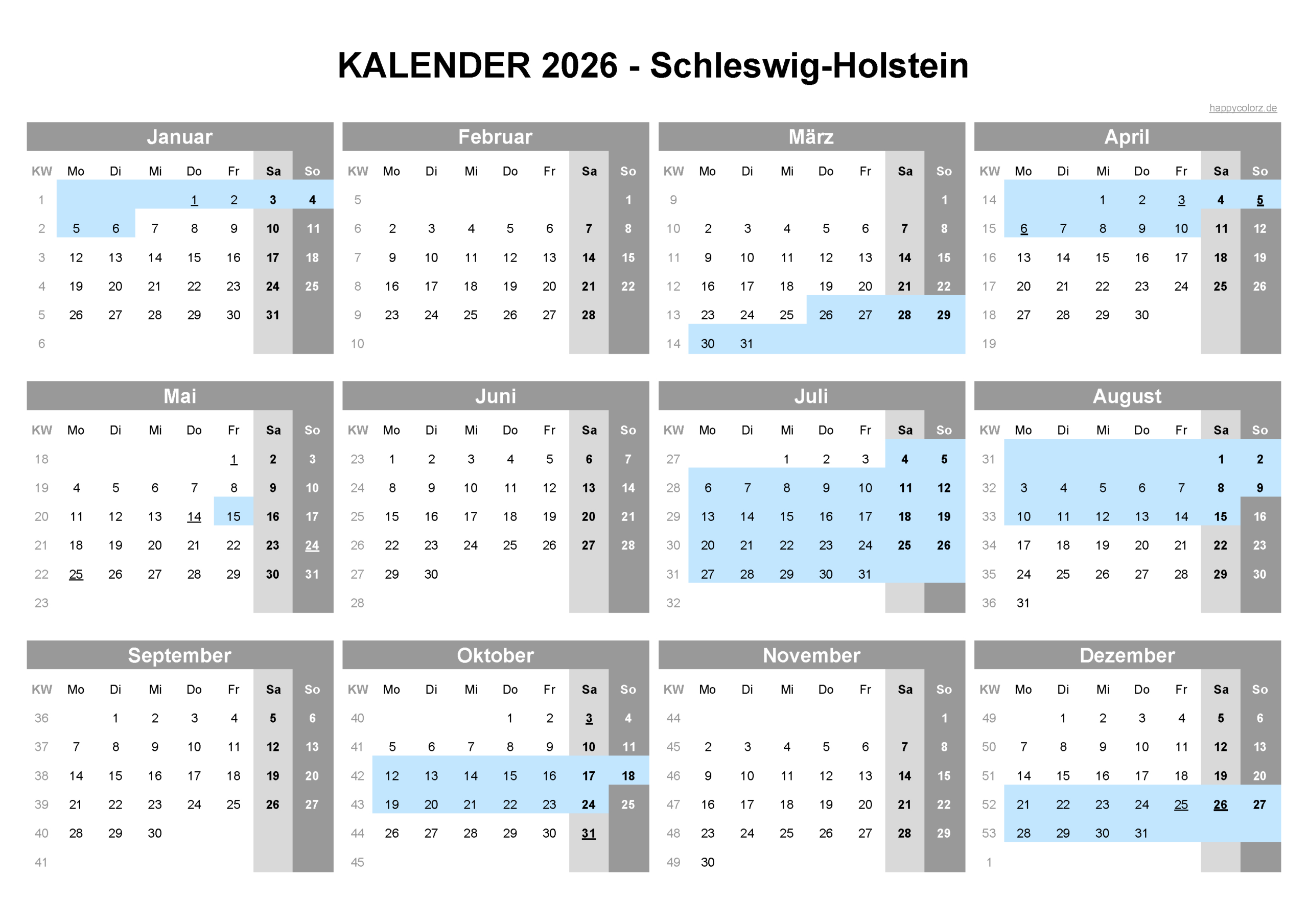 Kalender 2026 Schleswig-Holstein: Feiertage &amp;amp; Brückentage | Kalender 2026 Schleswig-Holstein Ferien