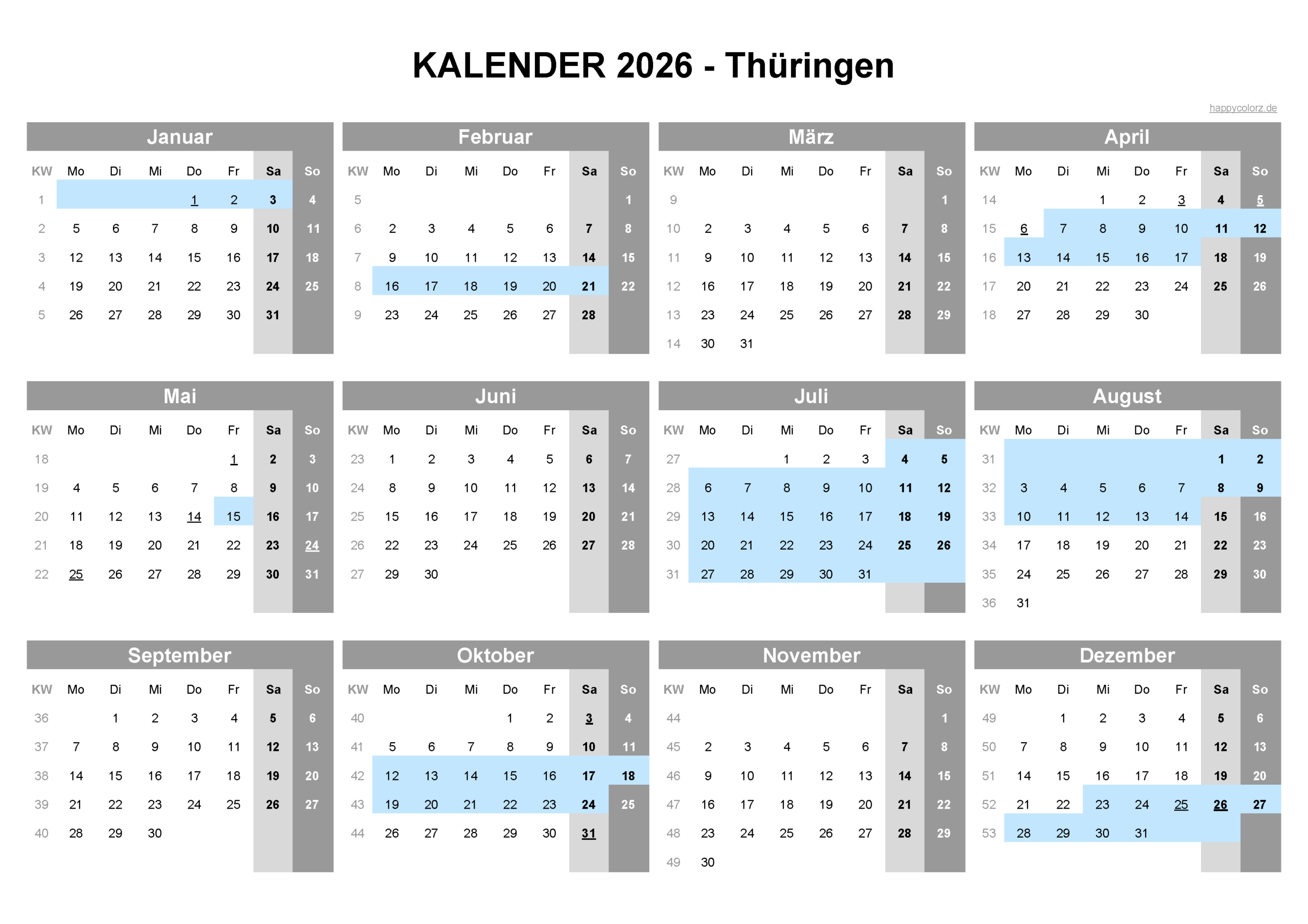 Kalender 2026 Thüringen + Feiertage &amp;amp; Brückentage | Happycolorz.de | Kalender 2026 Thüringen Mit Ferien Und Feiertagen