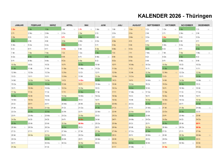 Kalender Ferien Thüringen 2026
