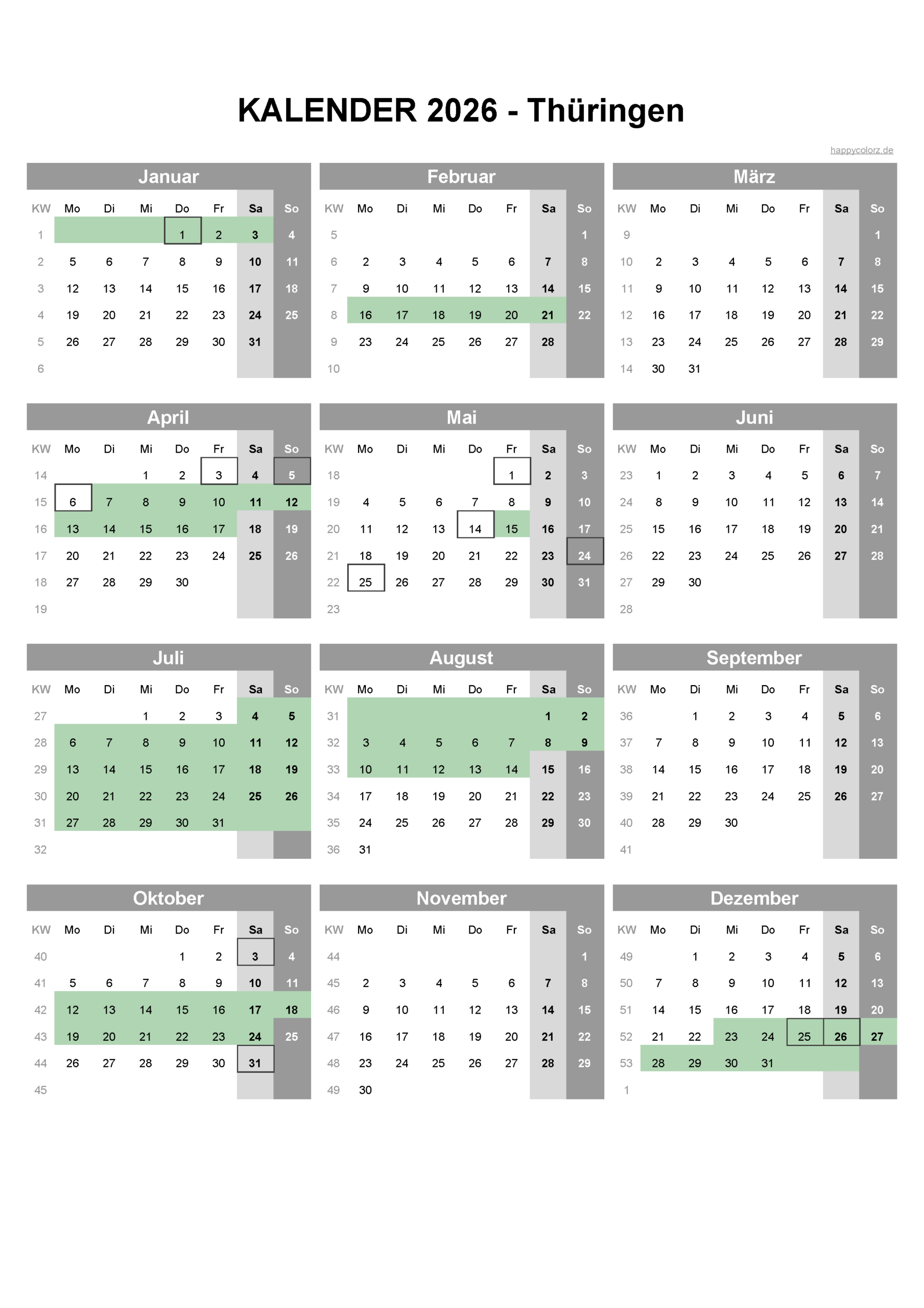 Kalender 2026 Thüringen + Feiertage &amp;amp; Brückentage | Happycolorz.de | Kalender Thüringen Ferien 2026