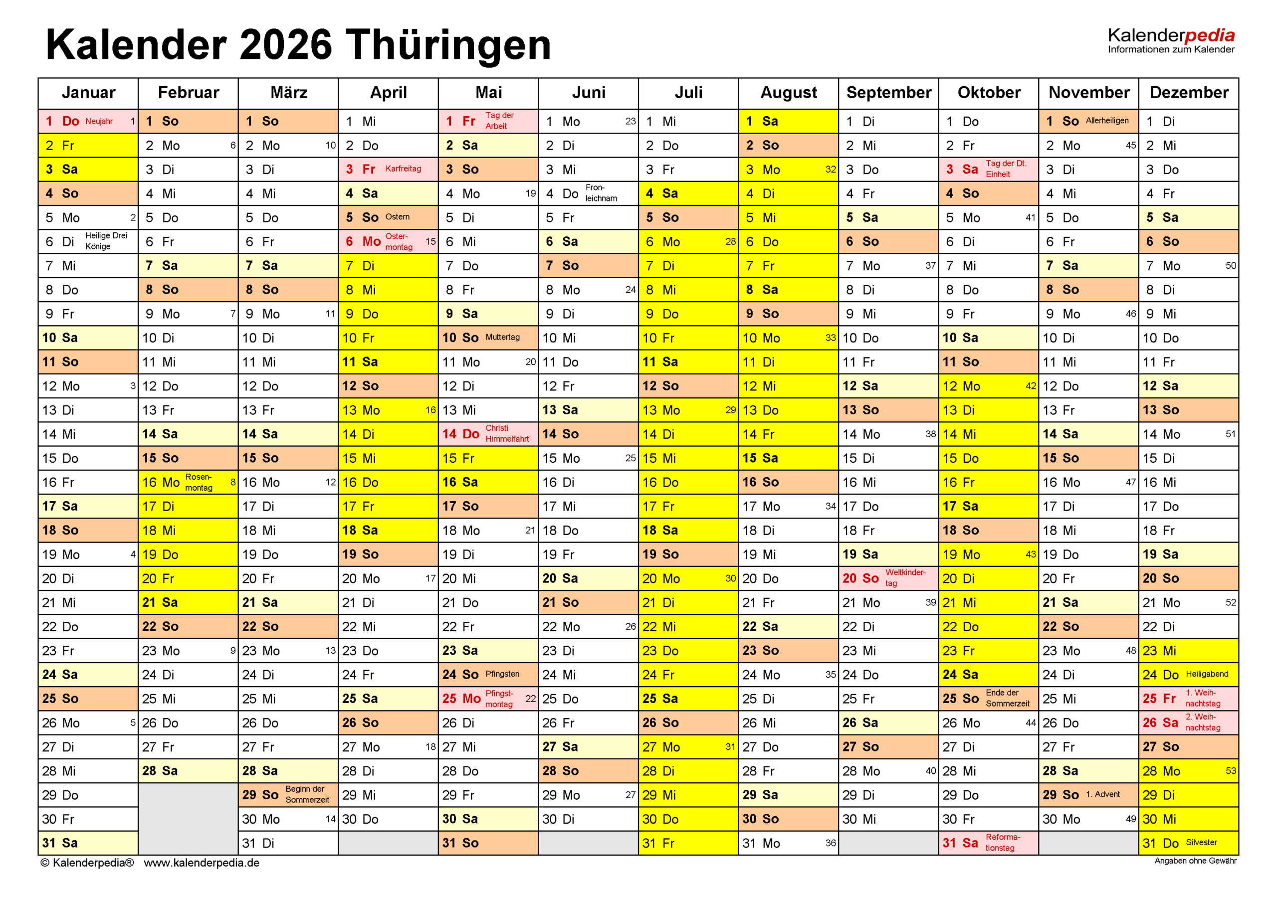 Kalender 2026 Thüringen: Ferien, Feiertage, Pdf-Vorlagen | Schulferien.org Kalender 2026