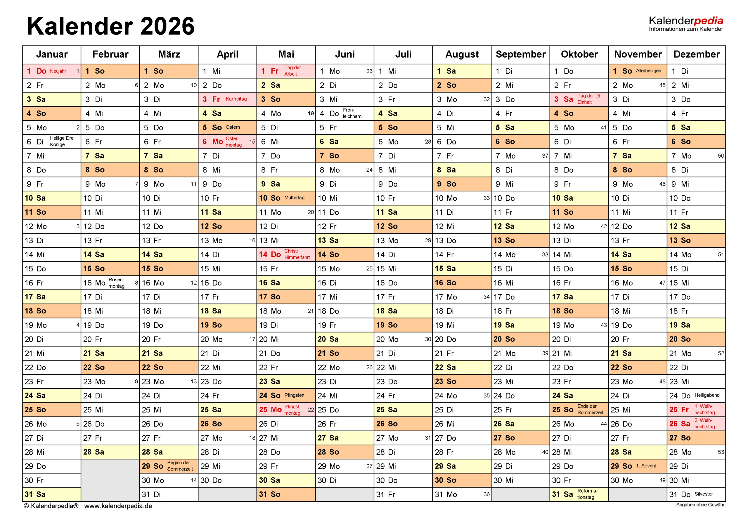 Kalender 2026 Zum Ausdrucken Als Pdf (21 Vorlagen, Kostenlos) | Kalender 2026 Kalenderpedia