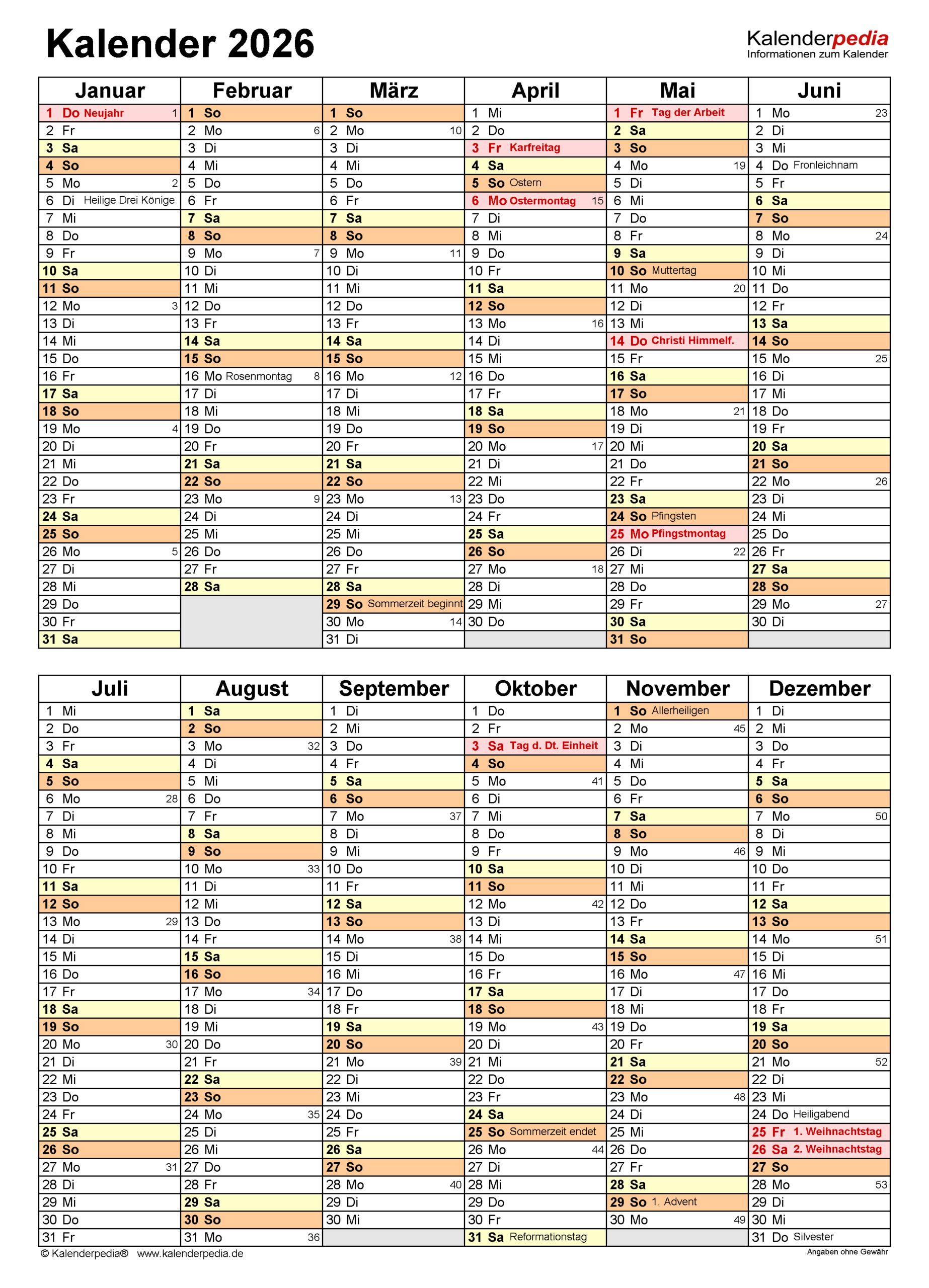 Kalender 2026 Zum Ausdrucken Als Pdf (21 Vorlagen, Kostenlos) | Schönherr Kalender 2026